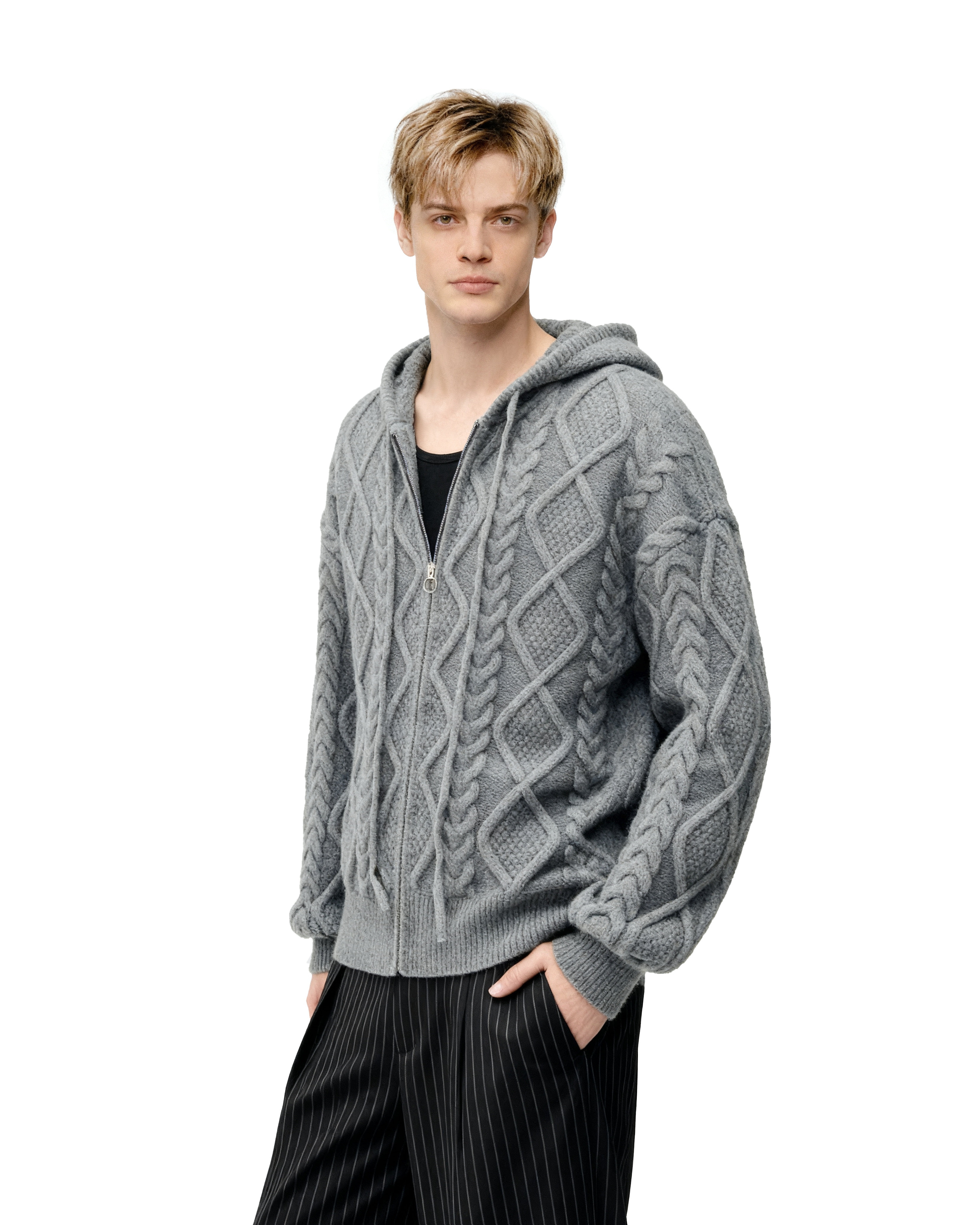 Cable Knit Hooded Zip Jacket with Pockets-6