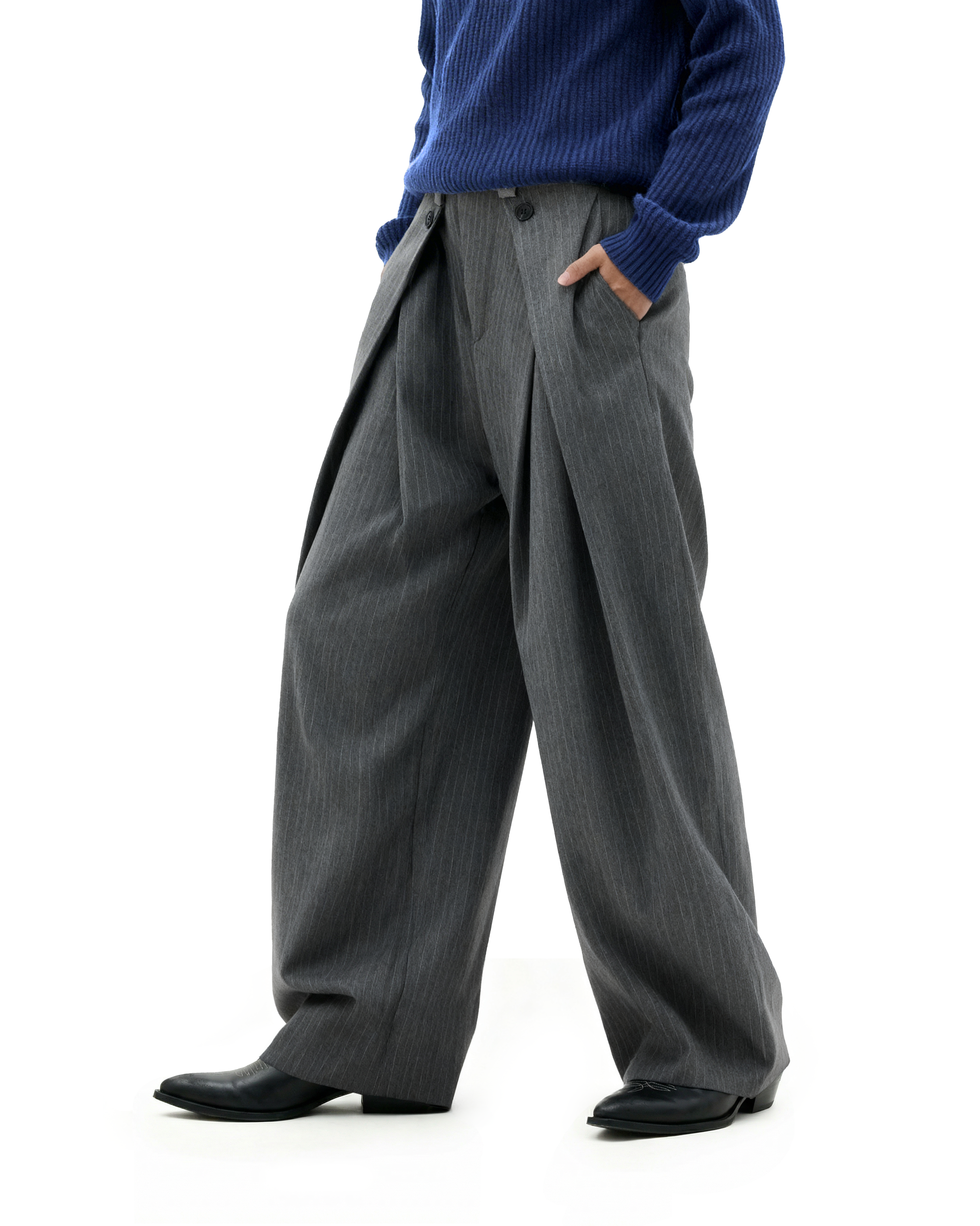 Wide Leg Pinstripe Draped Double-Pleated Trousers - nightcity clothing