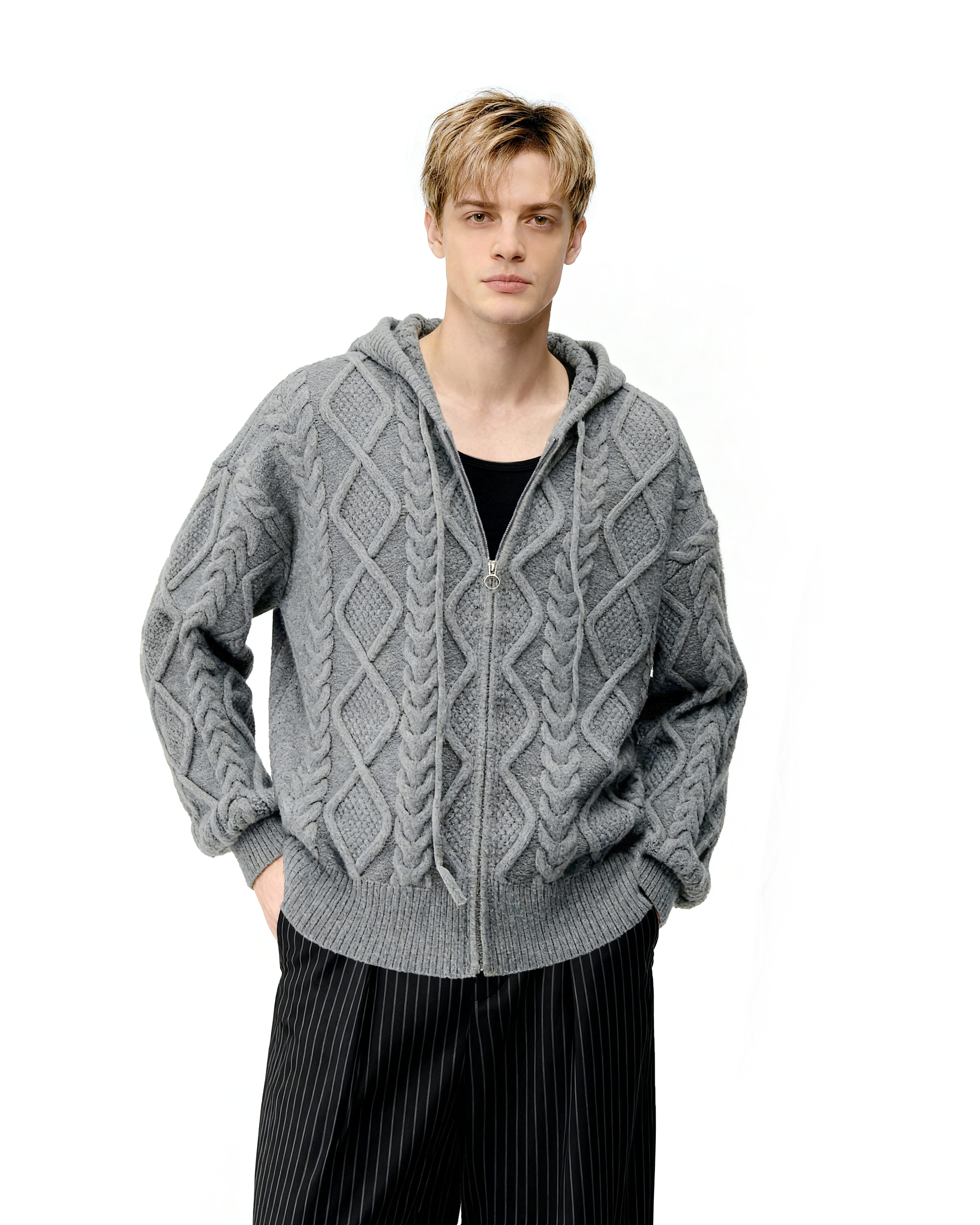 Cable Knit Hooded Zip Jacket with Pockets-2
