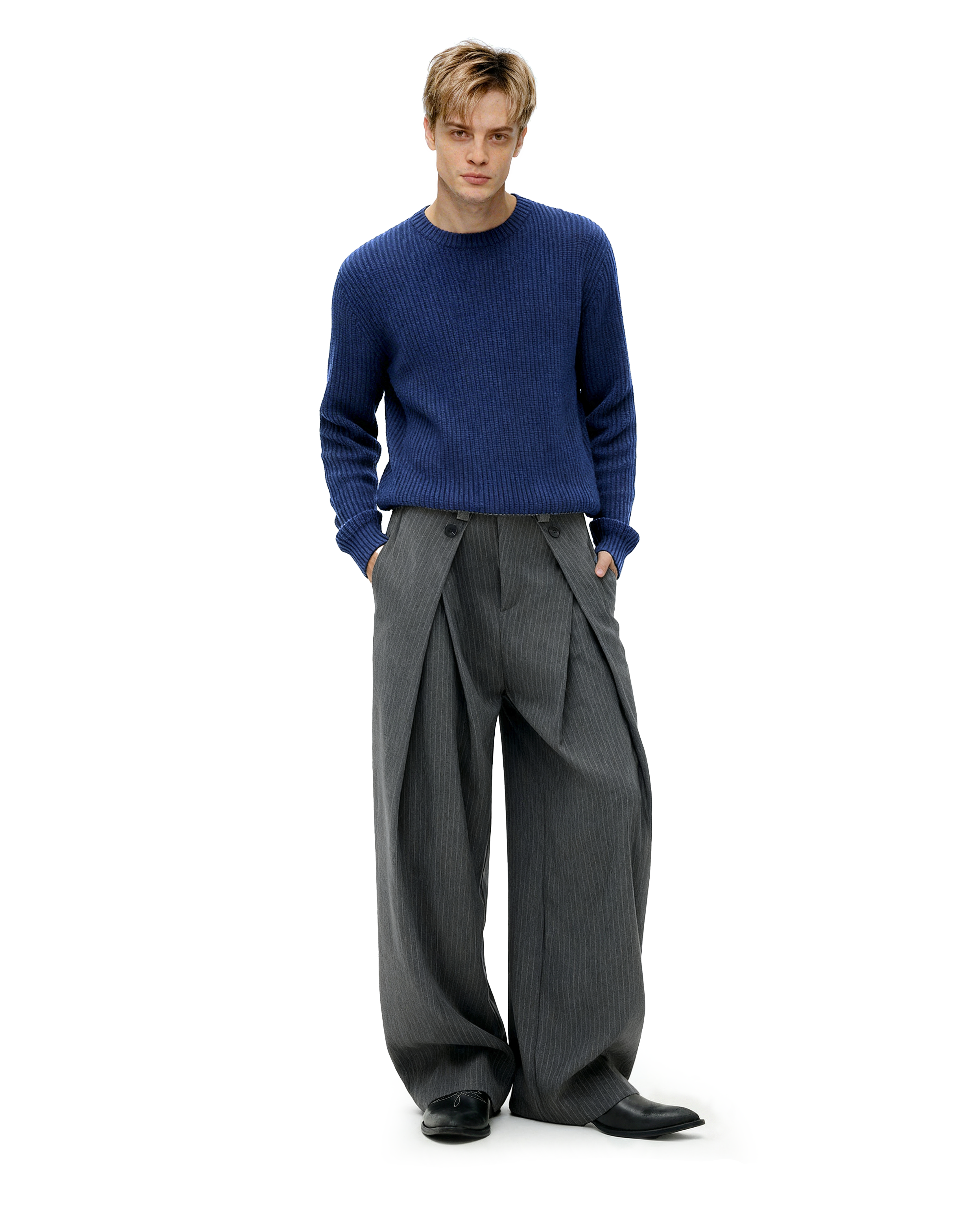 Wide Leg Pinstripe Draped Double-Pleated Trousers - nightcity clothing