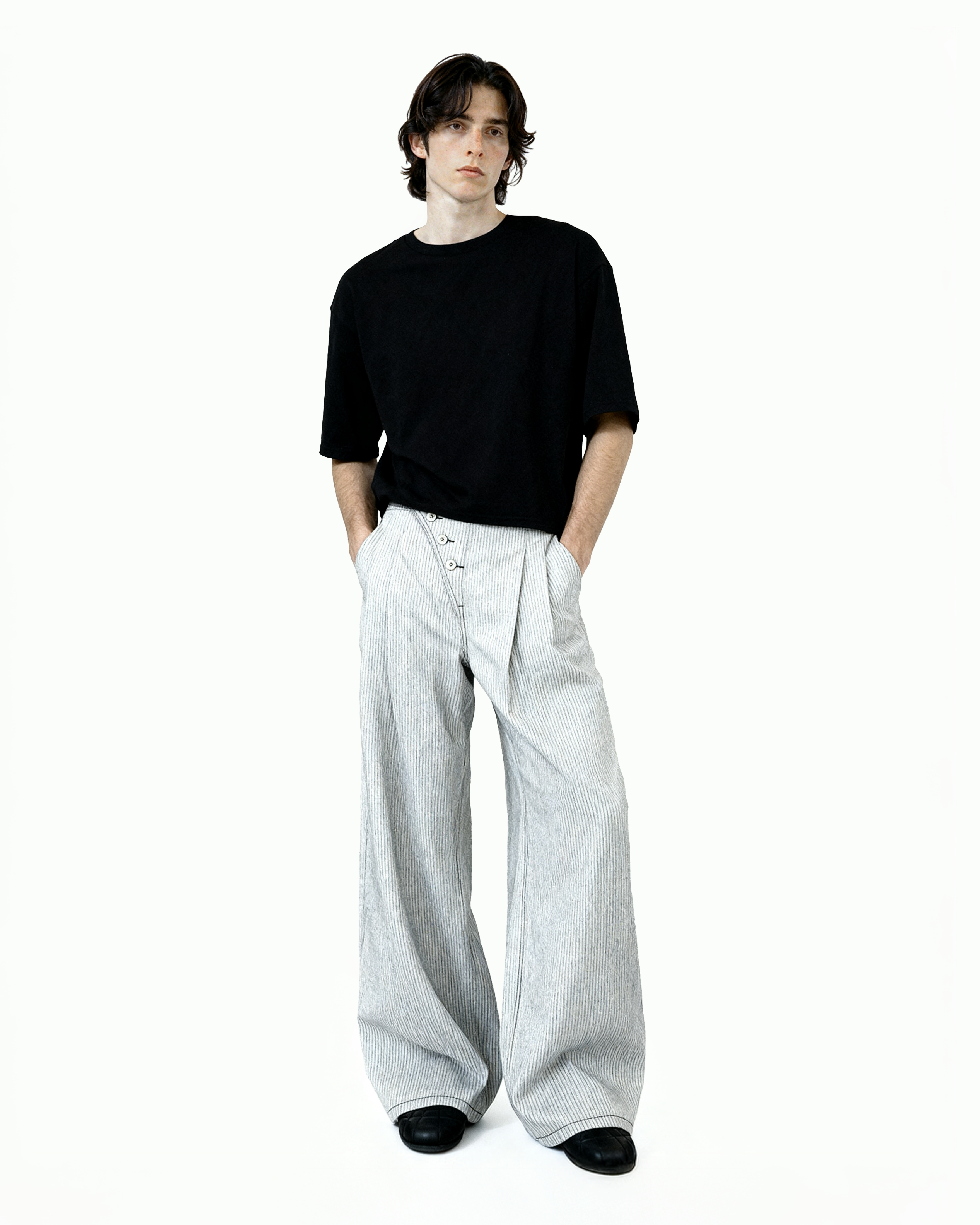 Pinstripe Pleated Wide Leg Asymmetric-Button Denim Jeans - nightcity clothing