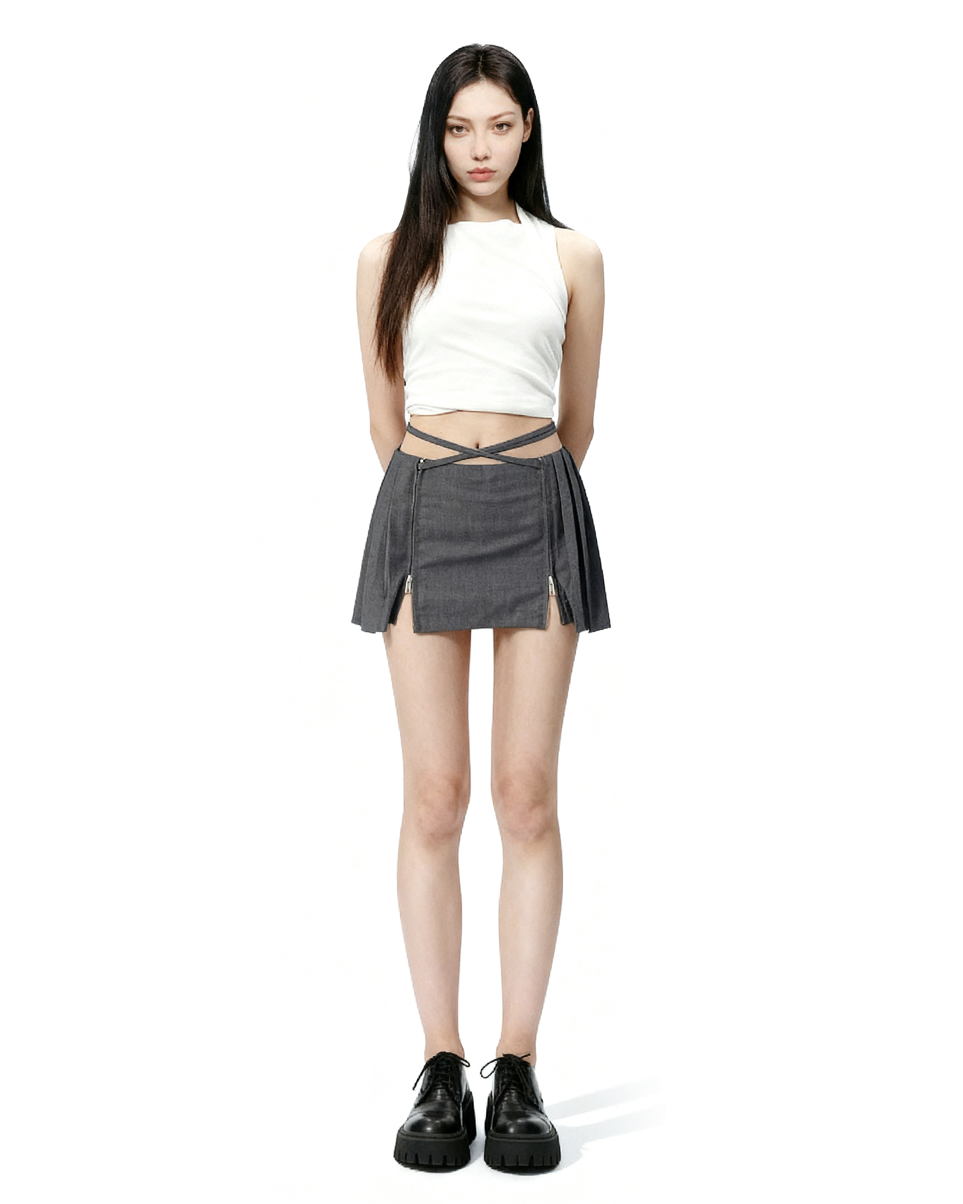Double Zip Low-Waist Pleated Mini Skirt-14