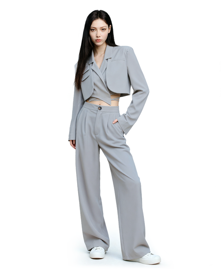 Slim Cropped Blazer with Rounded Hem Two-Piece Suit Set