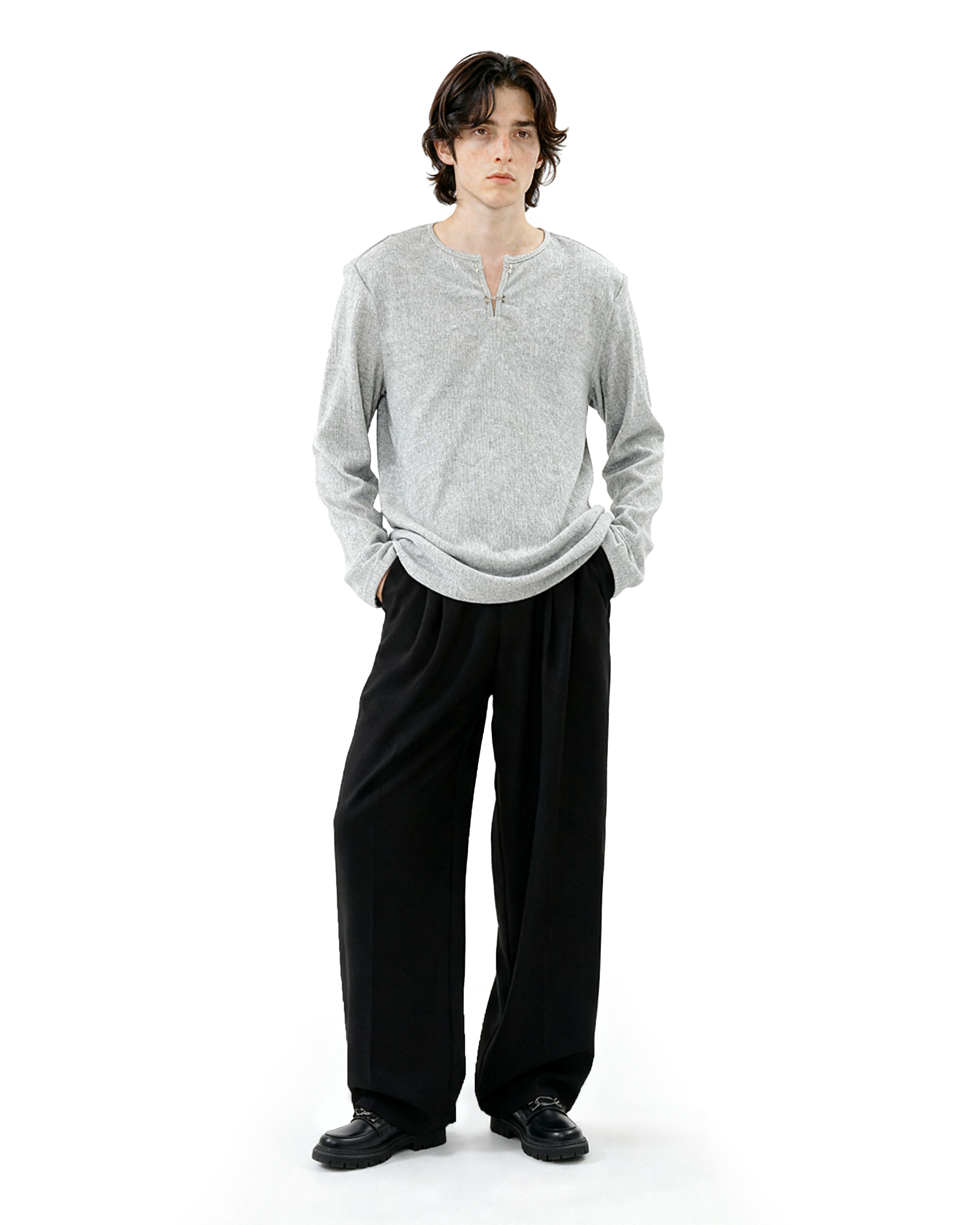 Ribbed Metal-Clasp Hook Henley Long Sleeve Tee - nightcity clothing