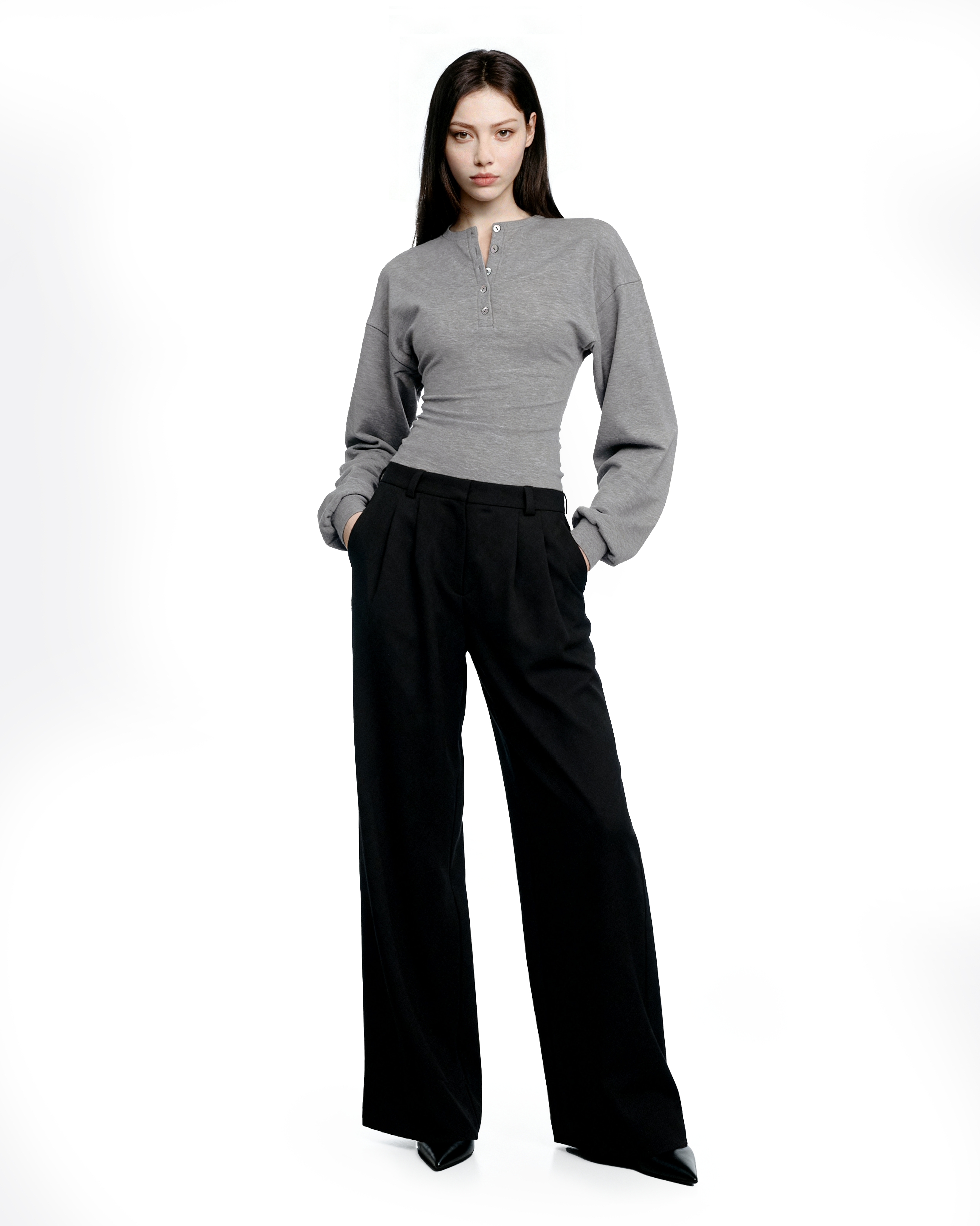 Henley Neck Cinch-Waisted T-Shirt With Balloon Sleeves - nightcity clothing