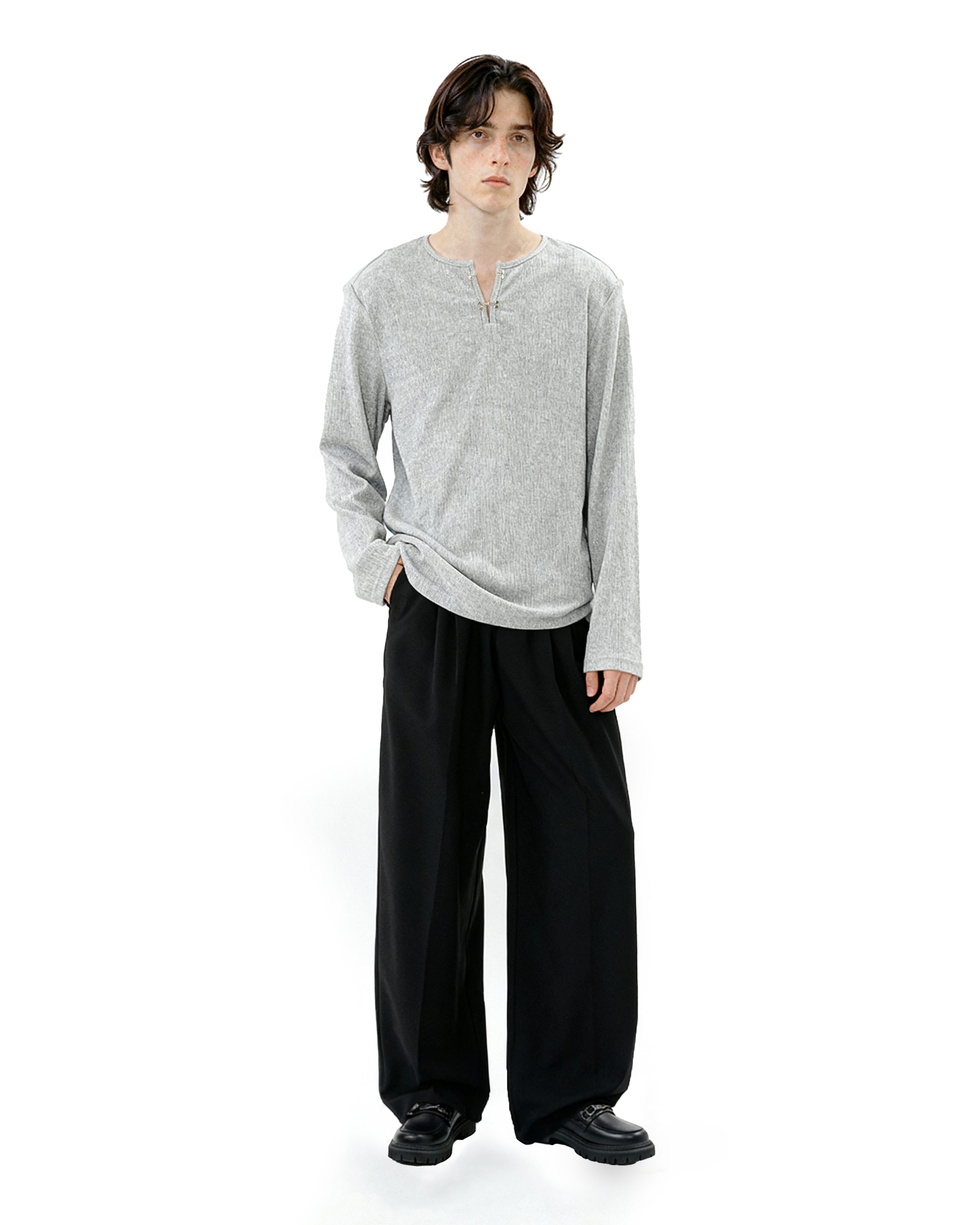 Ribbed Metal-Clasp Hook Henley Long Sleeve Tee - nightcity clothing