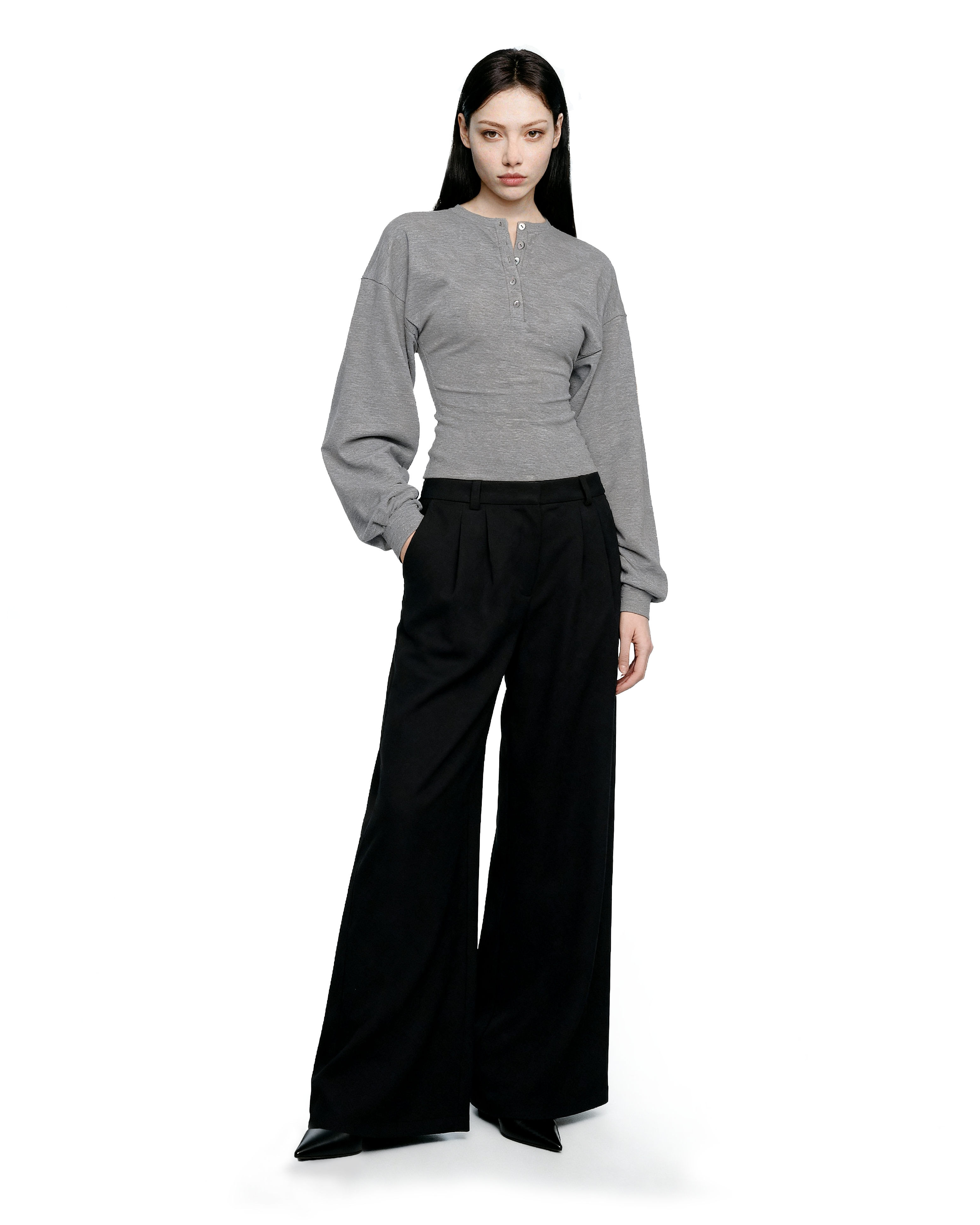Henley Neck Cinch-Waisted T-Shirt With Balloon Sleeves - nightcity clothing