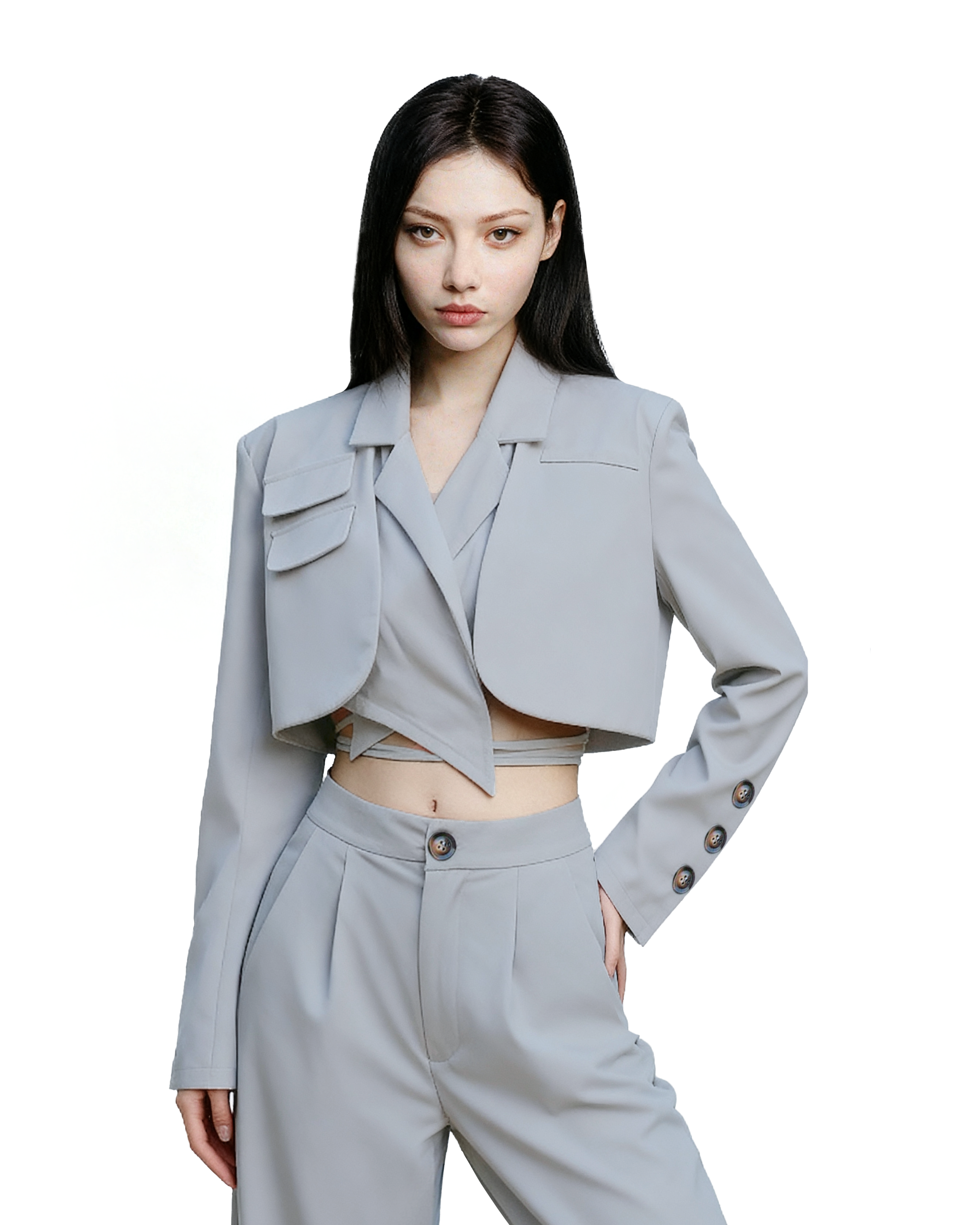 Slim Cropped Blazer with Rounded Hem Two-Piece Suit Set-7