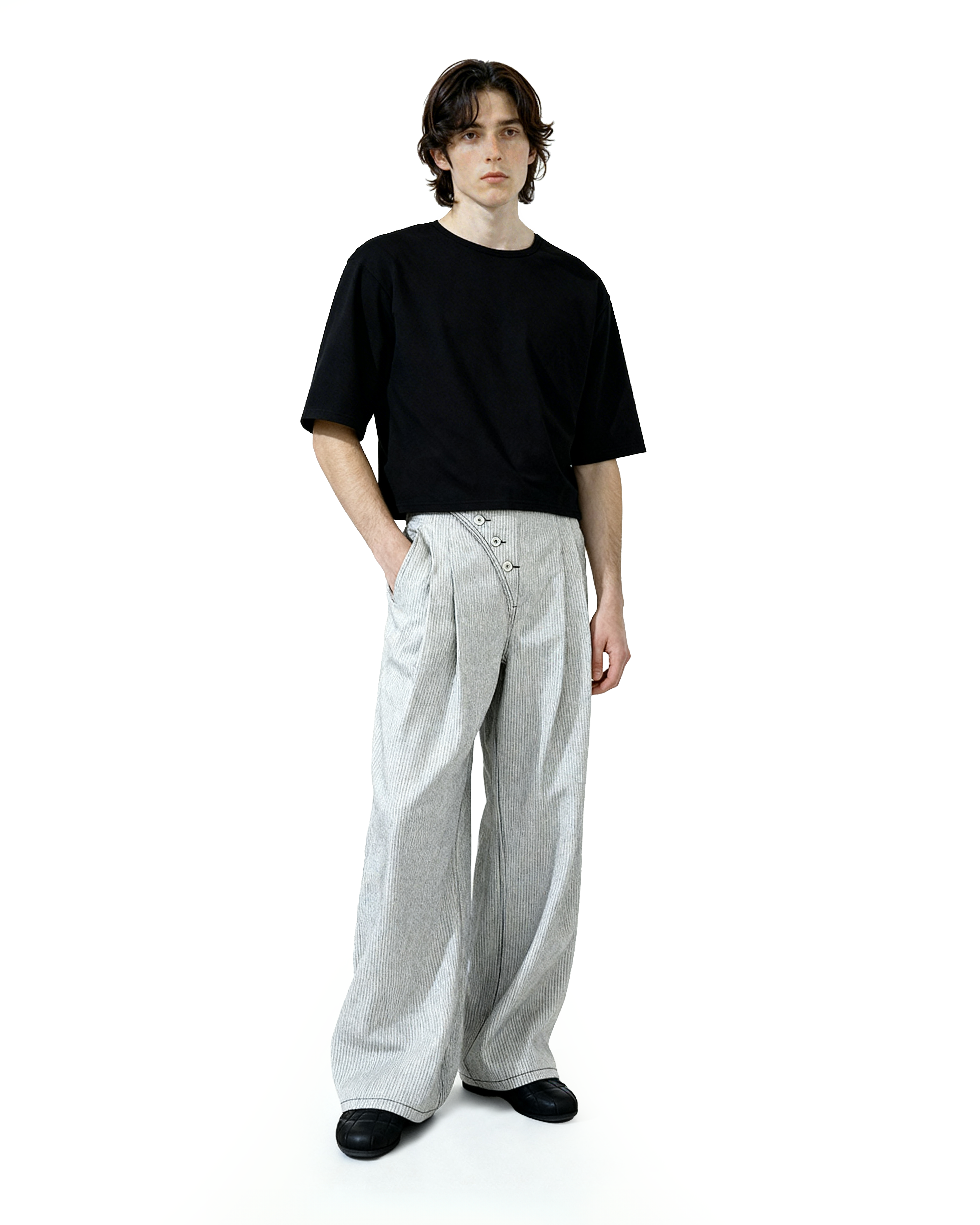 Pinstripe Pleated Wide Leg Asymmetric-Button Denim Jeans - nightcity clothing