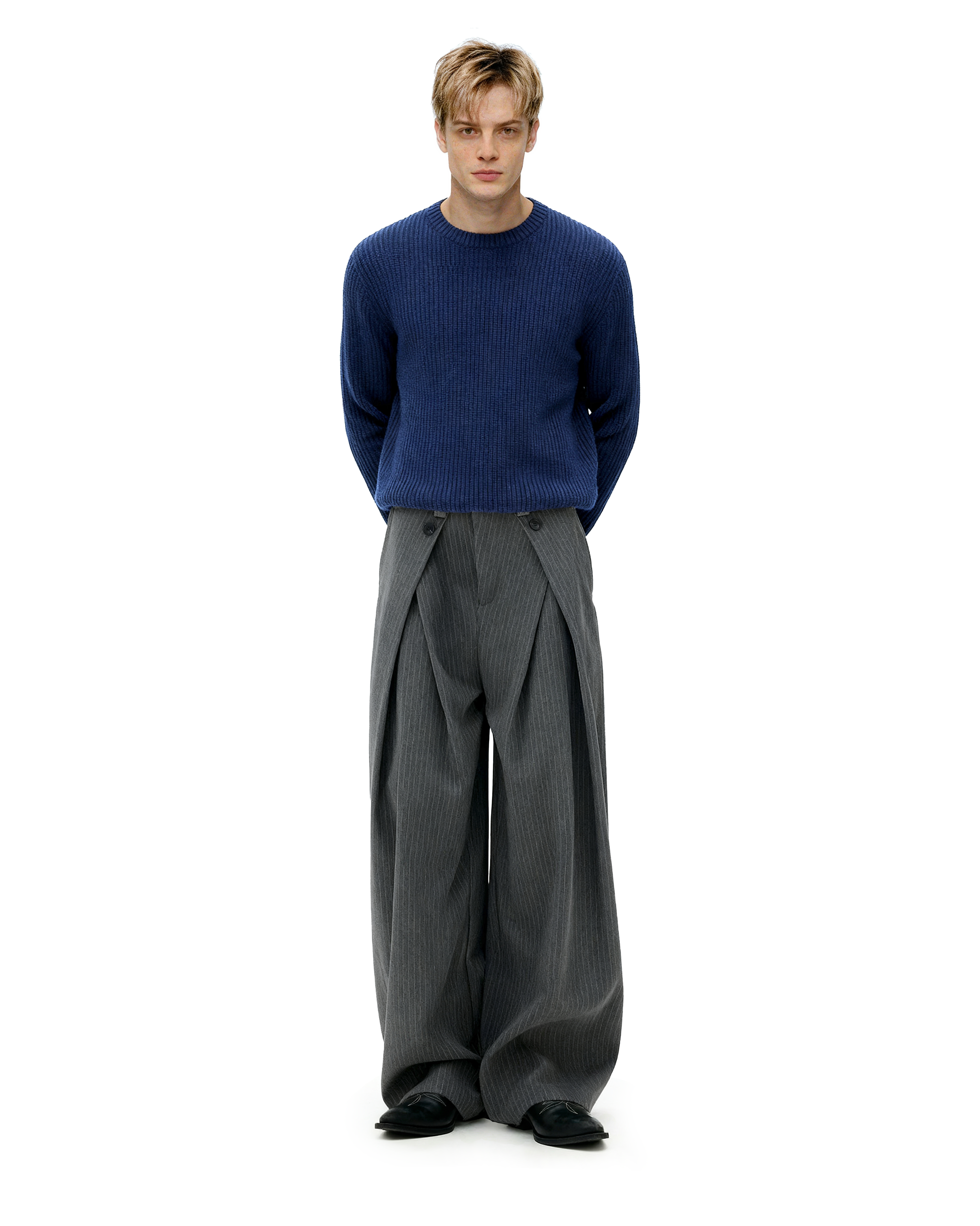 Wide Leg Pinstripe Draped Double-Pleated Trousers - nightcity clothing