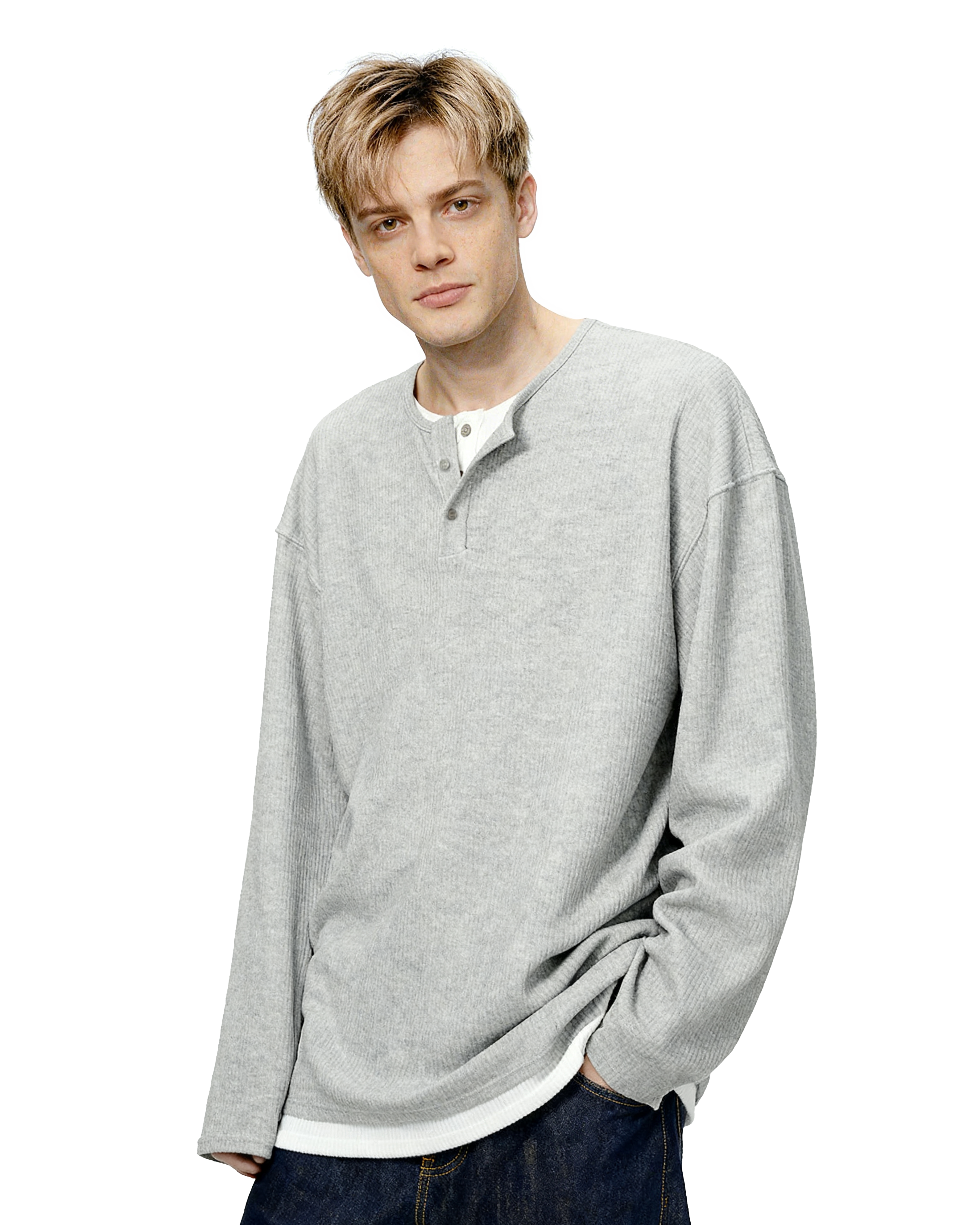 Oversized Mock-Layered Ribbed Knit Henley Top-8