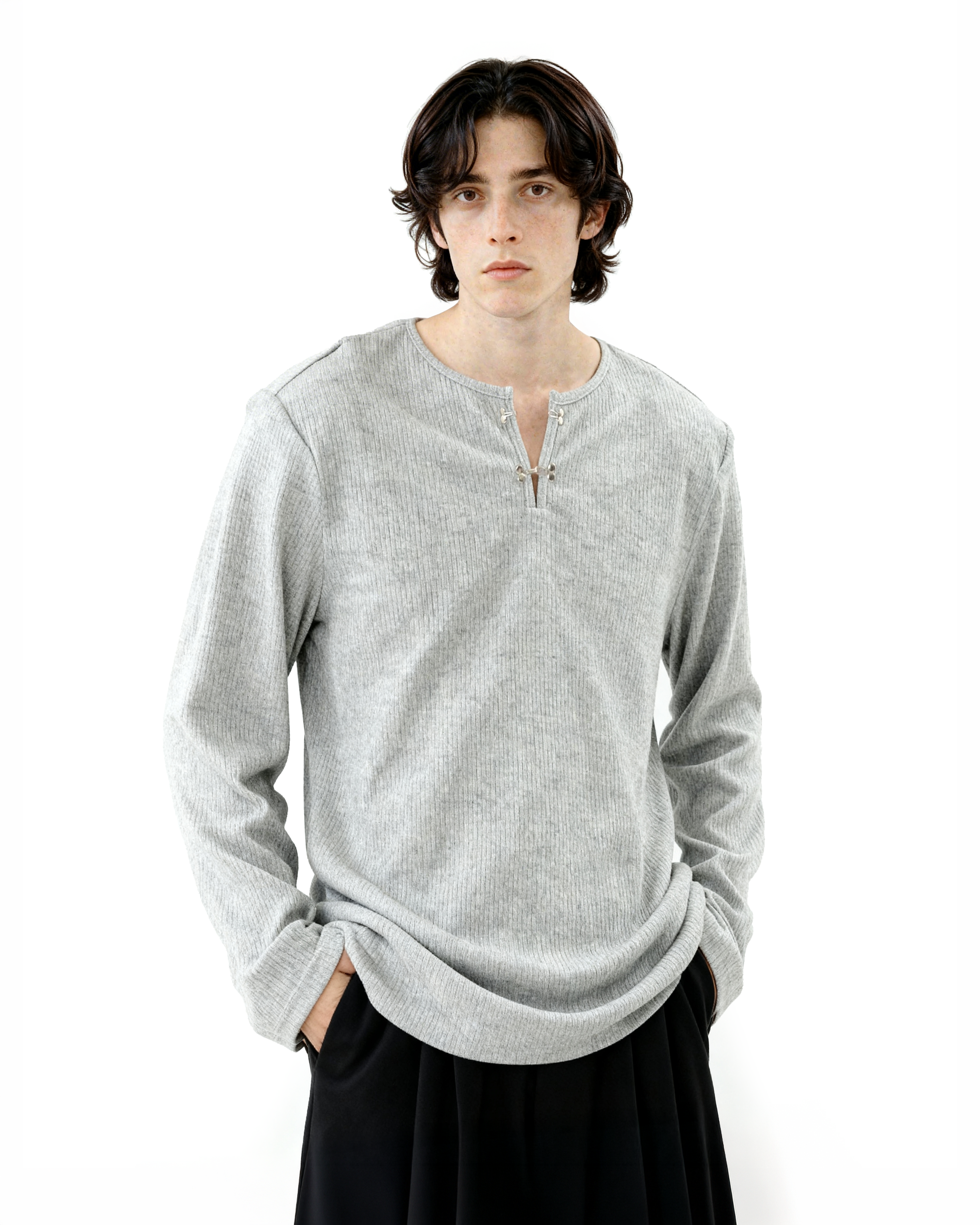 Ribbed Metal-Clasp Hook Henley Long Sleeve Tee - nightcity clothing