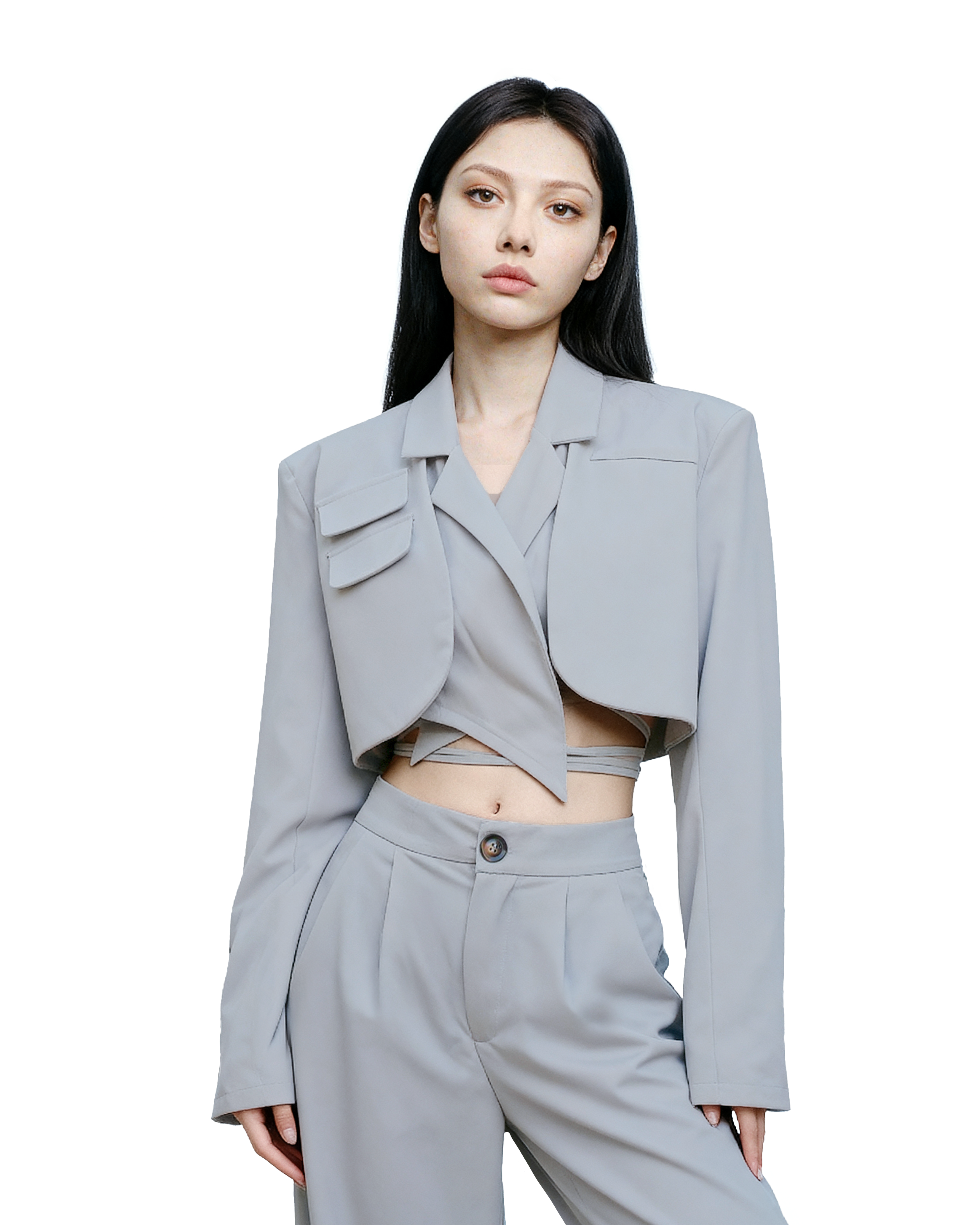 Slim Cropped Blazer with Rounded Hem Two-Piece Suit Set-8