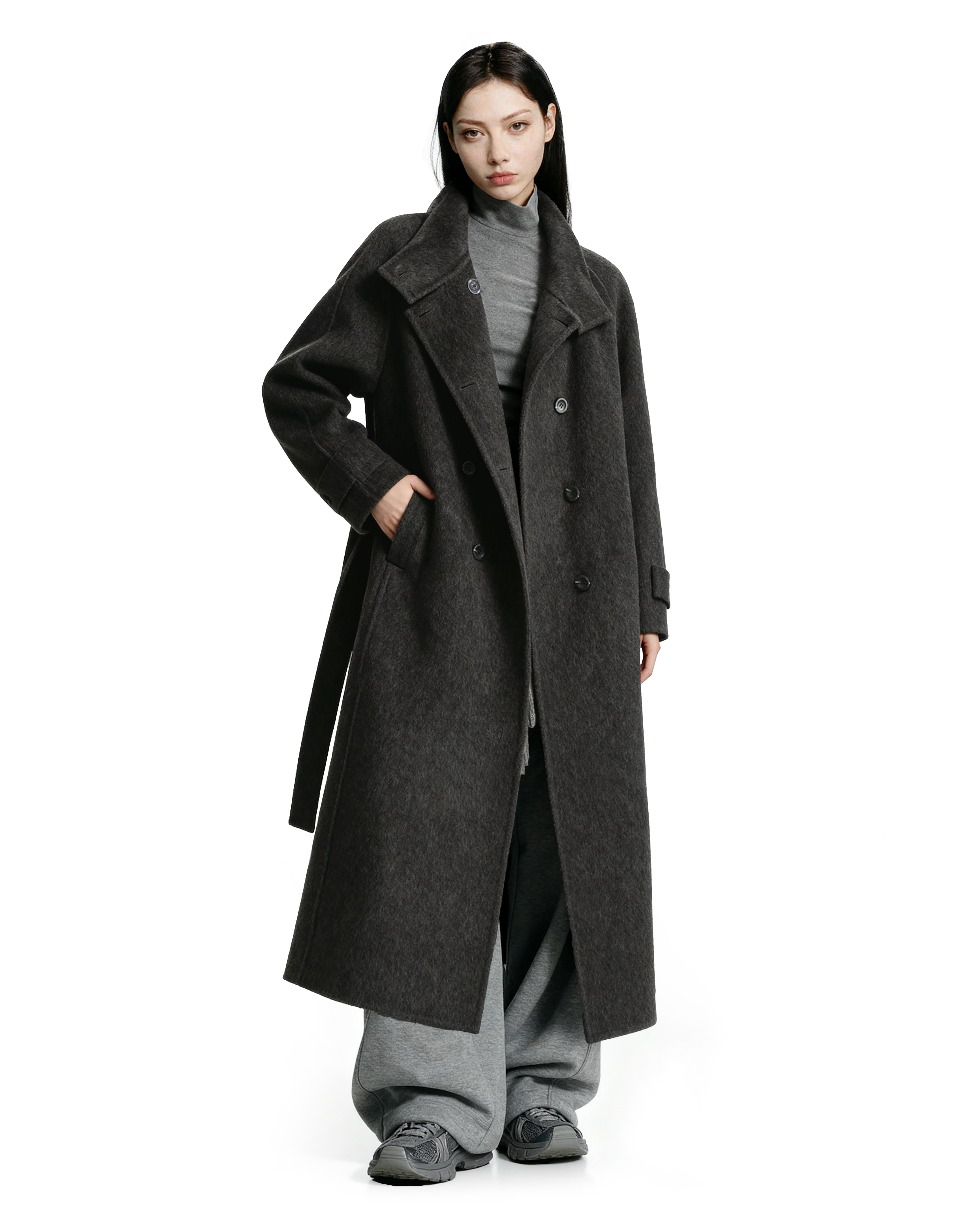 Oversized Double-Breasted Panelled Long Coat - nightcity clothing
