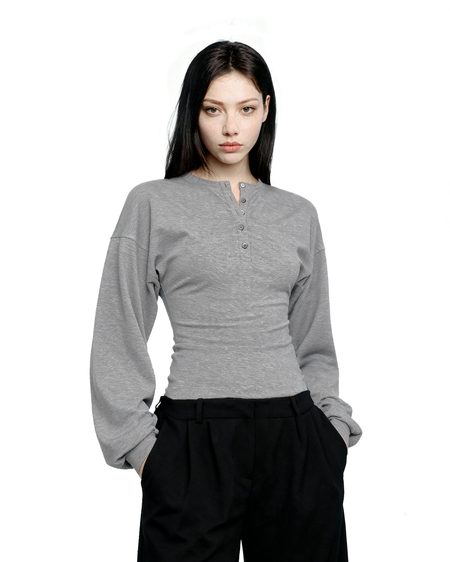 Henley Neck Cinch-Waisted T-Shirt With Balloon Sleeves - nightcity clothing