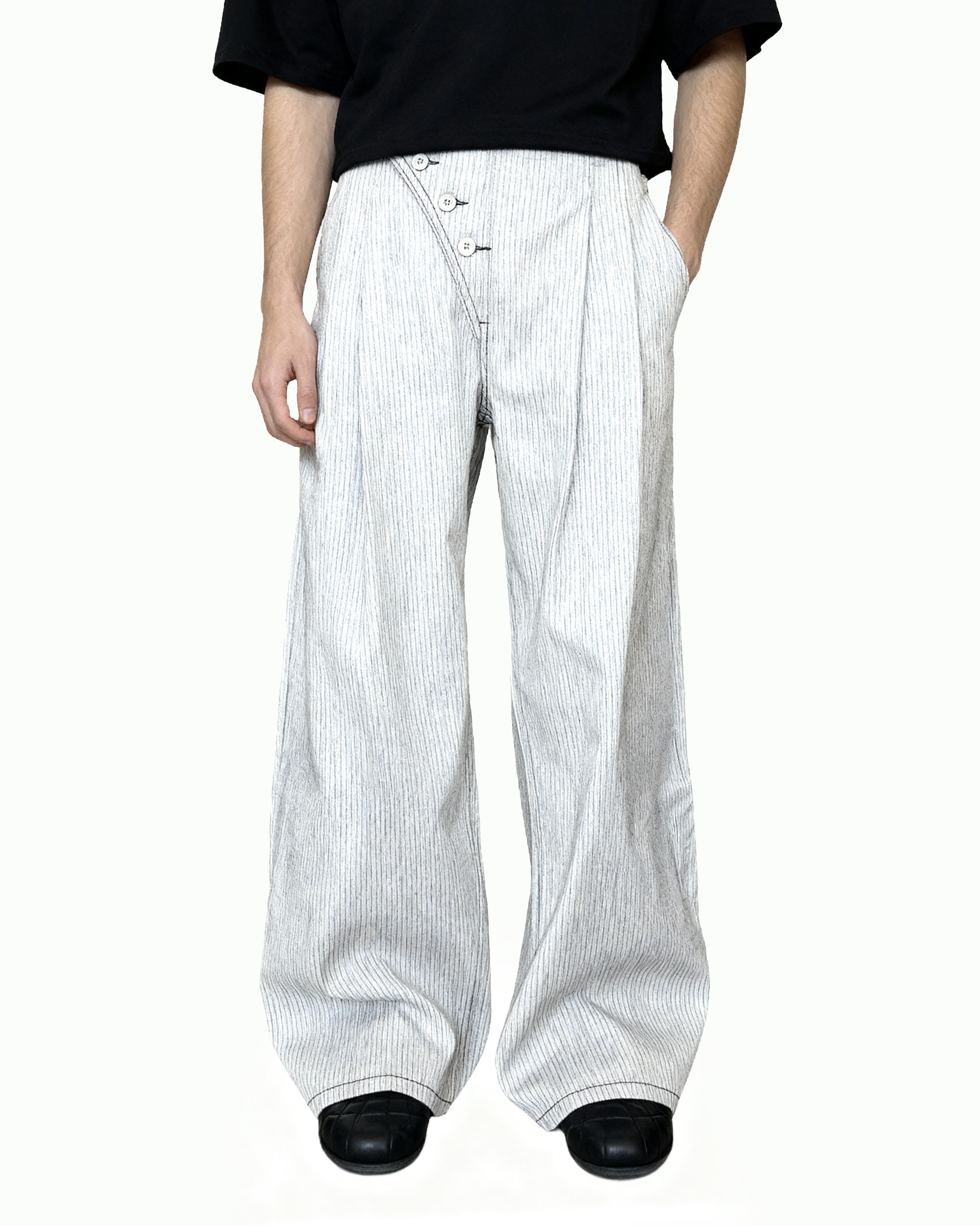 Pinstripe Pleated Wide Leg Asymmetric-Button Denim Jeans - nightcity clothing