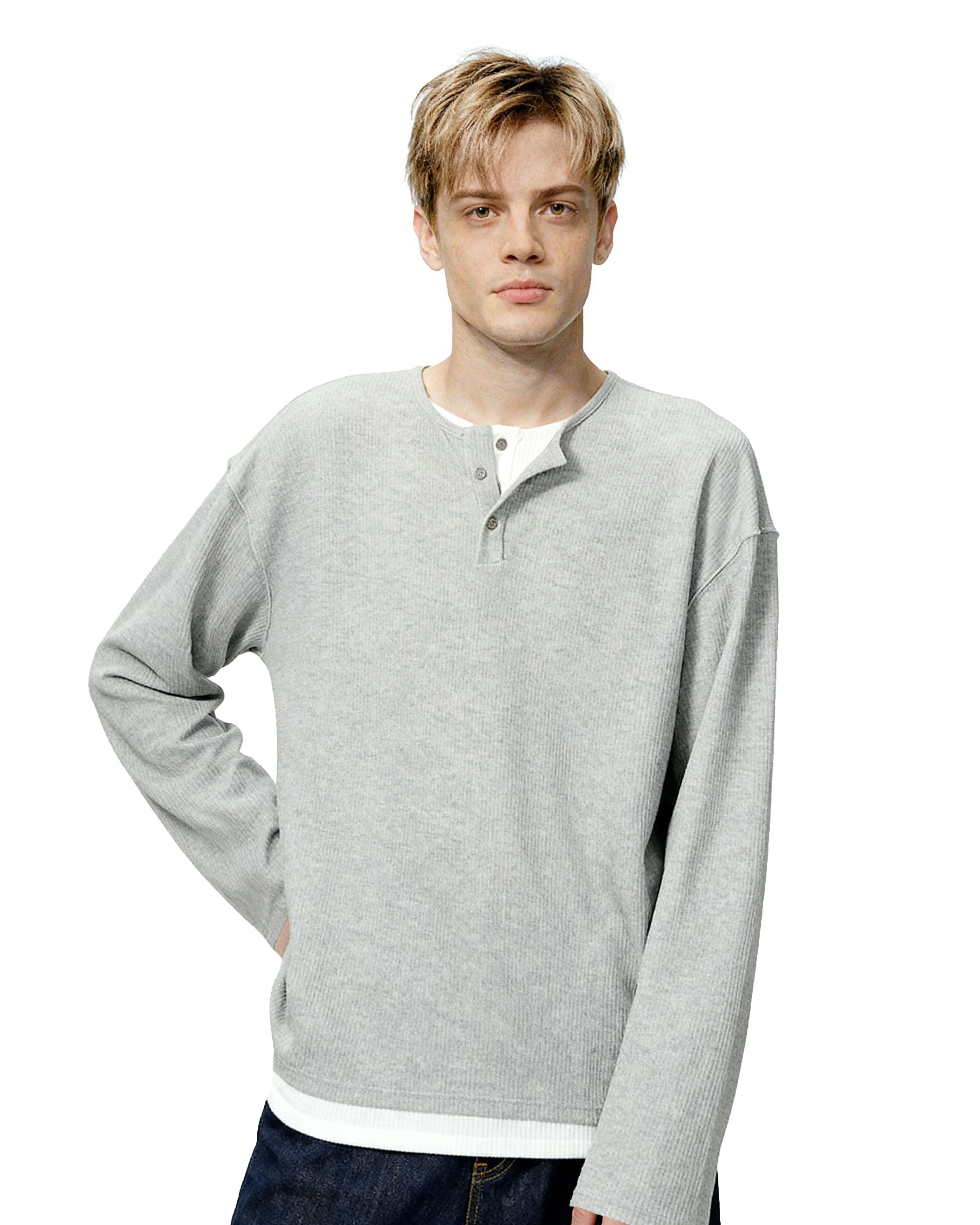 Oversized Mock-Layered Ribbed Knit Henley Top-7