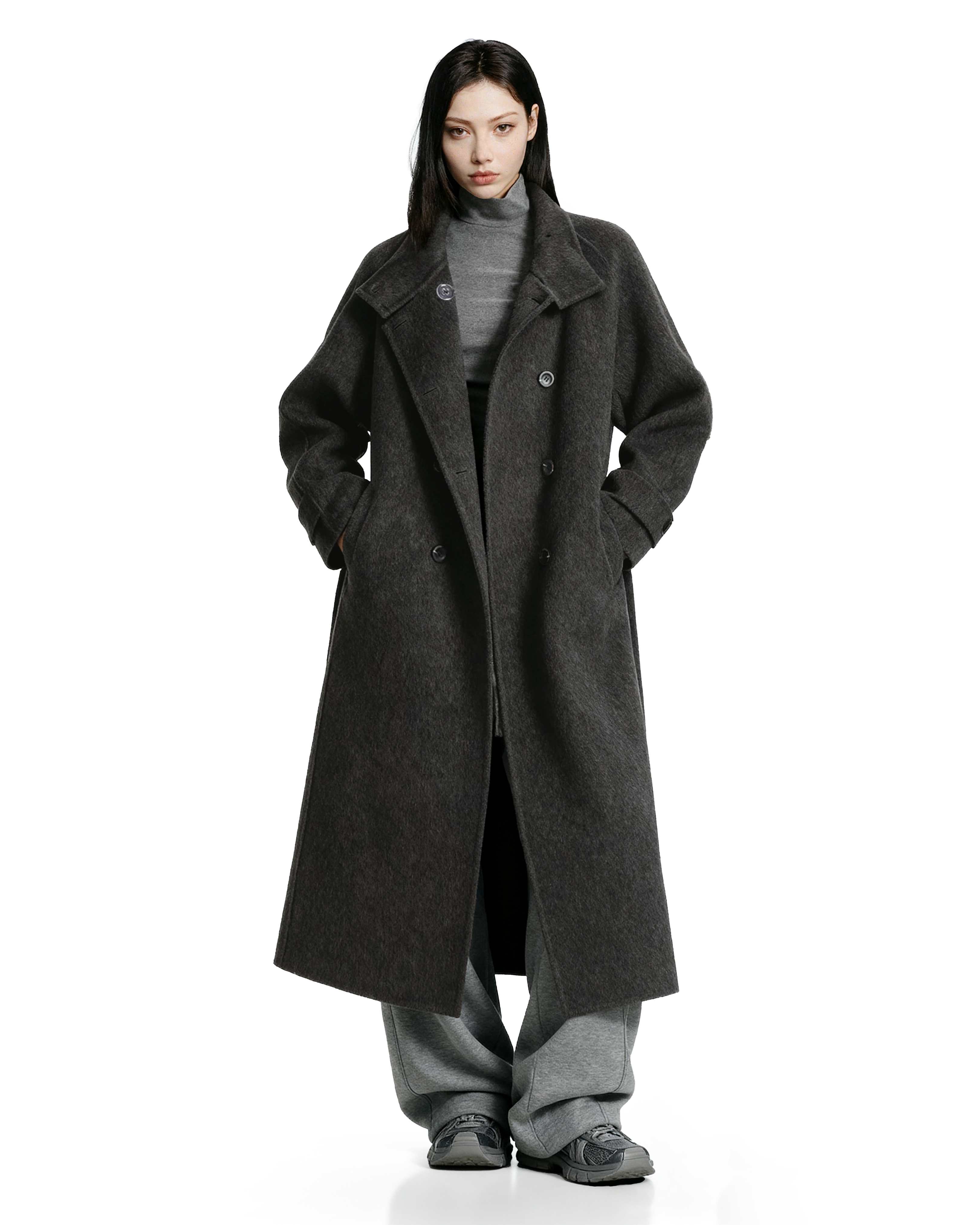 Oversized Double-Breasted Panelled Long Coat - nightcity clothing