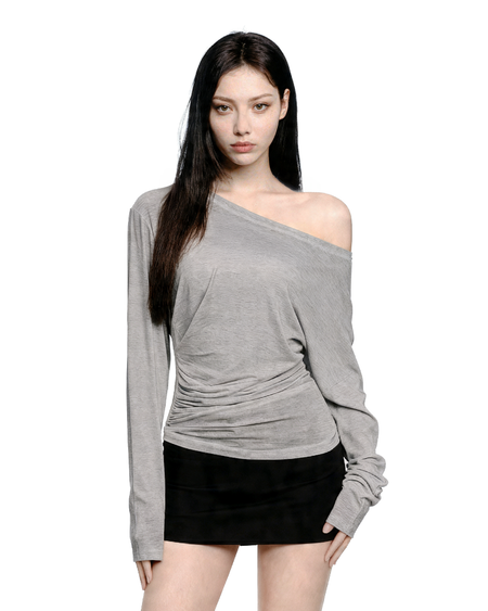 Asymmetric Off Shoulder Ruched Long Sleeve Top