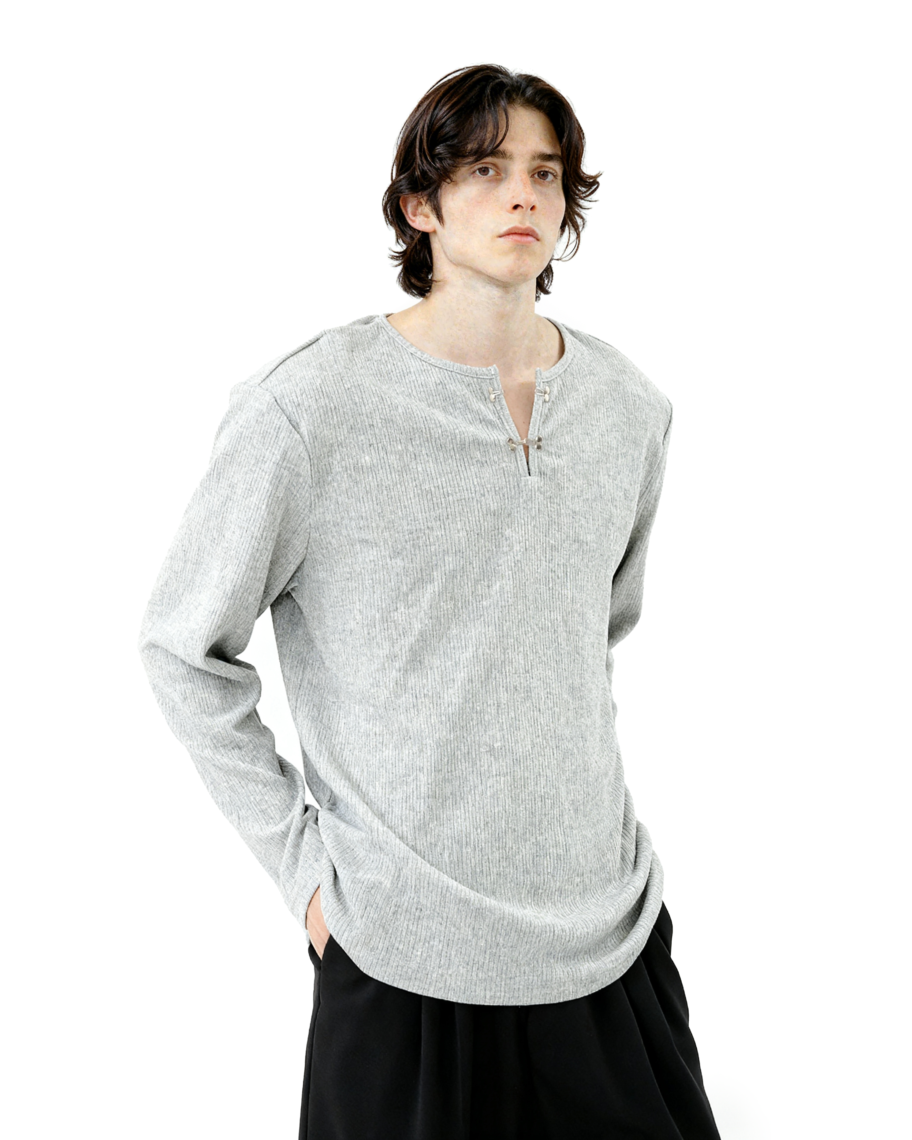 Ribbed Metal-Clasp Hook Henley Long Sleeve Tee - nightcity clothing