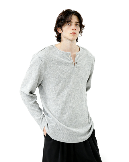 Ribbed Metal-Clasp Hook Henley Long Sleeve Tee - nightcity clothing