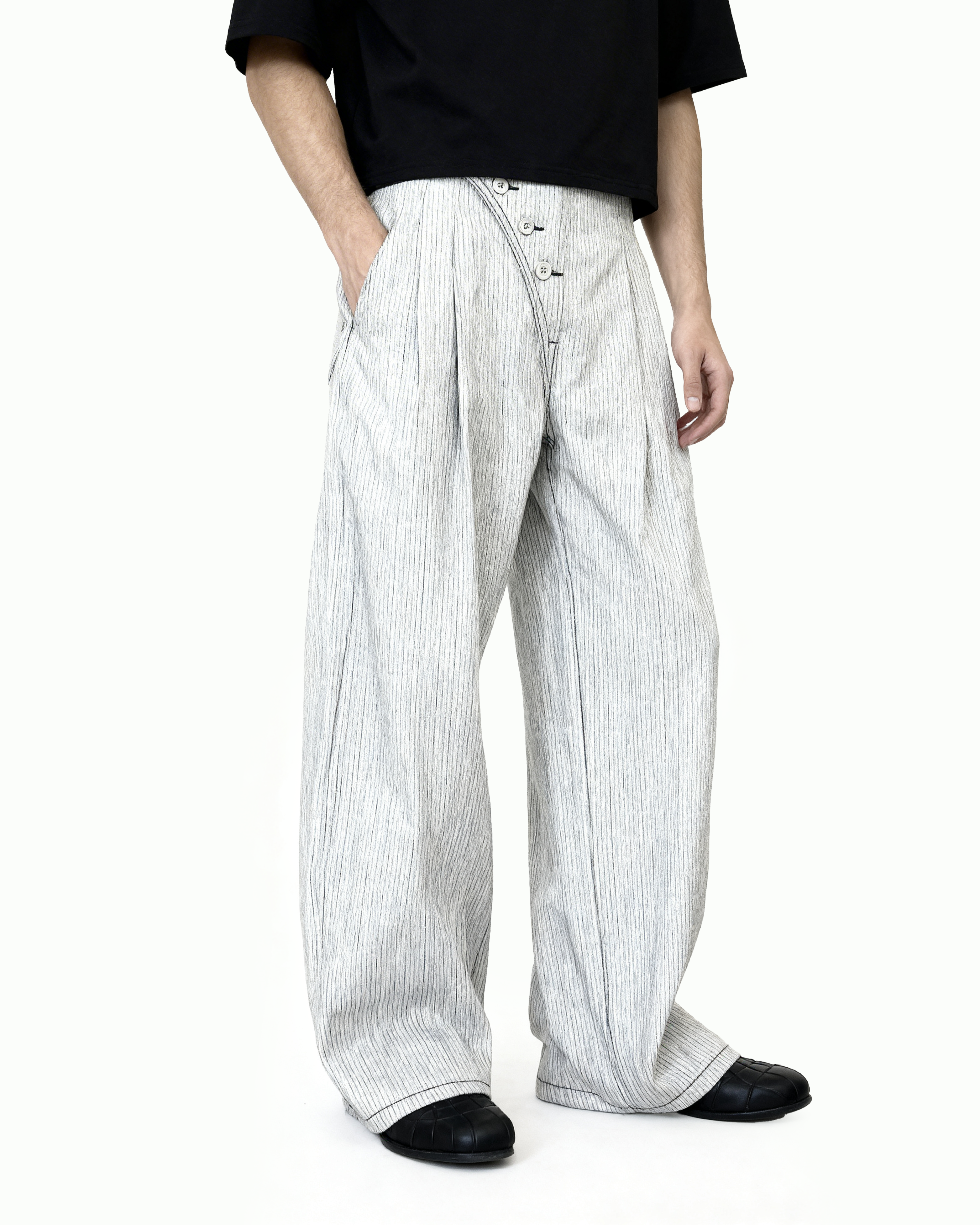 Pinstripe Pleated Wide Leg Asymmetric-Button Denim Jeans - nightcity clothing