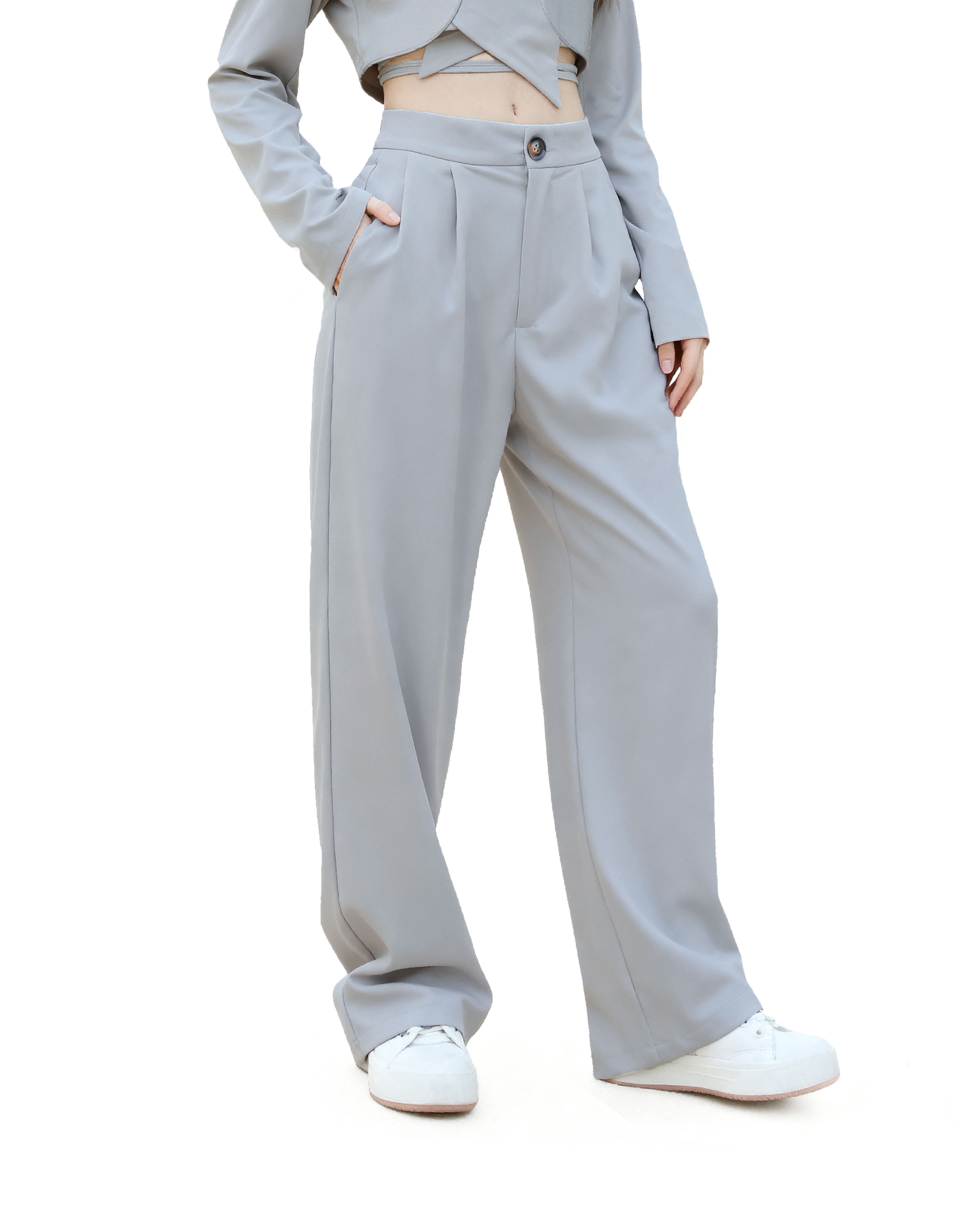 Slim Cropped Blazer with Rounded Hem Two-Piece Suit Set-15