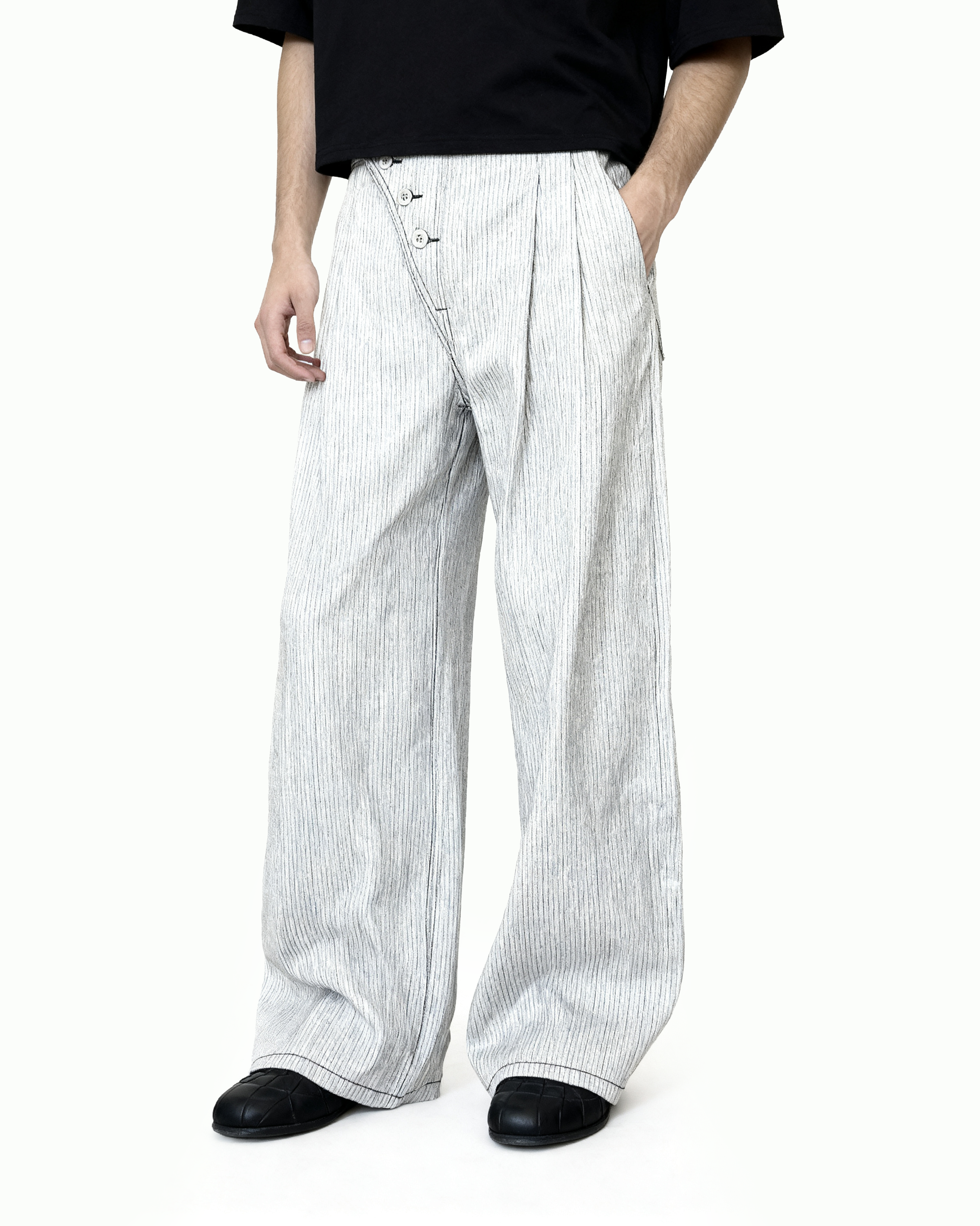 Pinstripe Pleated Wide Leg Asymmetric-Button Denim Jeans - nightcity clothing