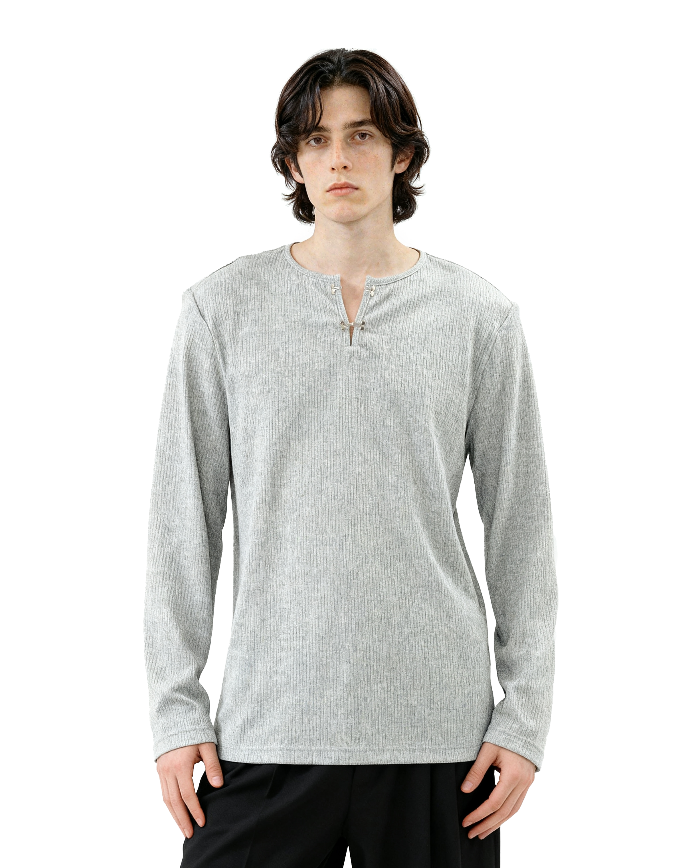 Ribbed Metal-Clasp Hook Henley Long Sleeve Tee - nightcity clothing