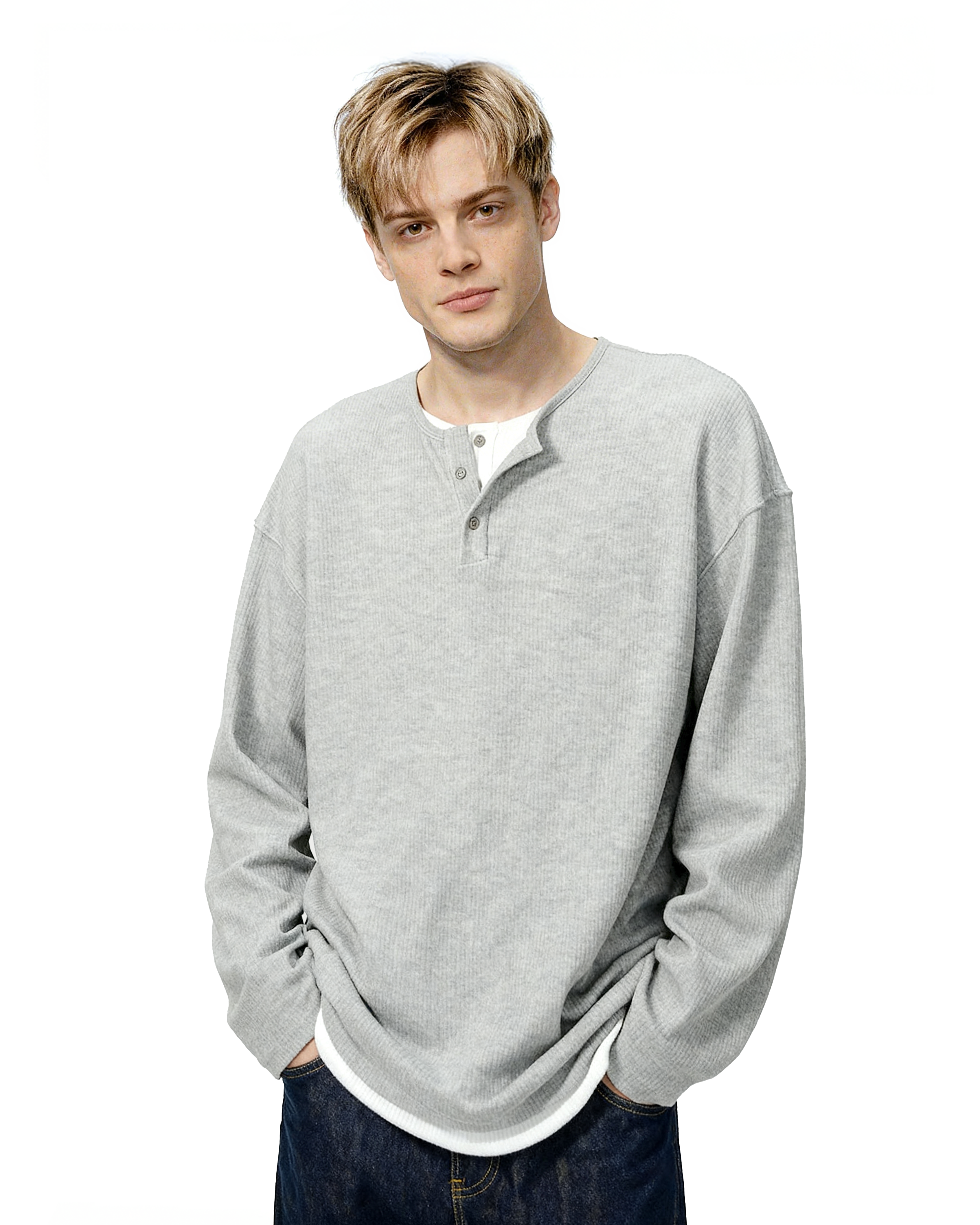 Oversized Mock-Layered Ribbed Knit Henley Top-6