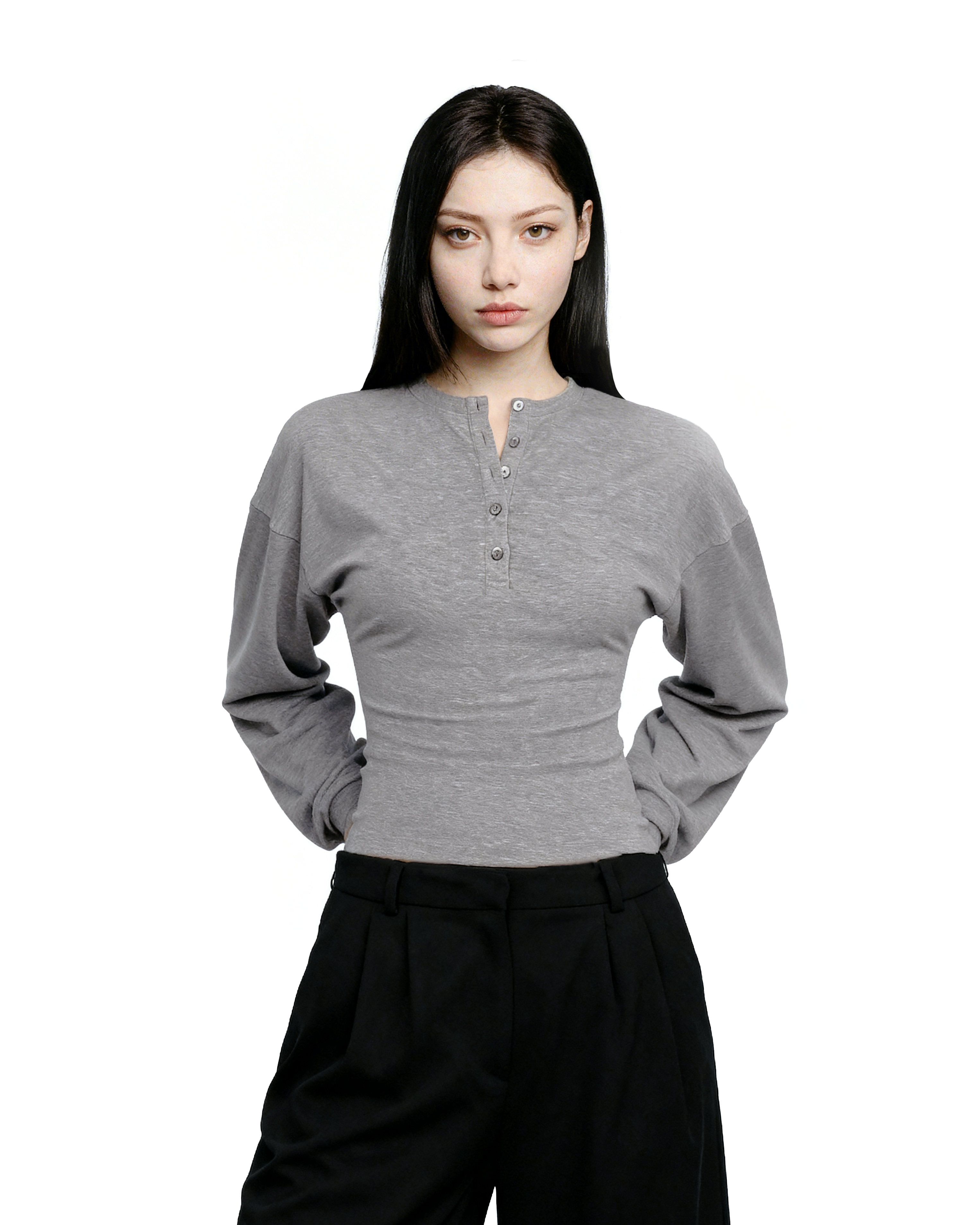 Henley Neck Cinch-Waisted T-Shirt With Balloon Sleeves - nightcity clothing