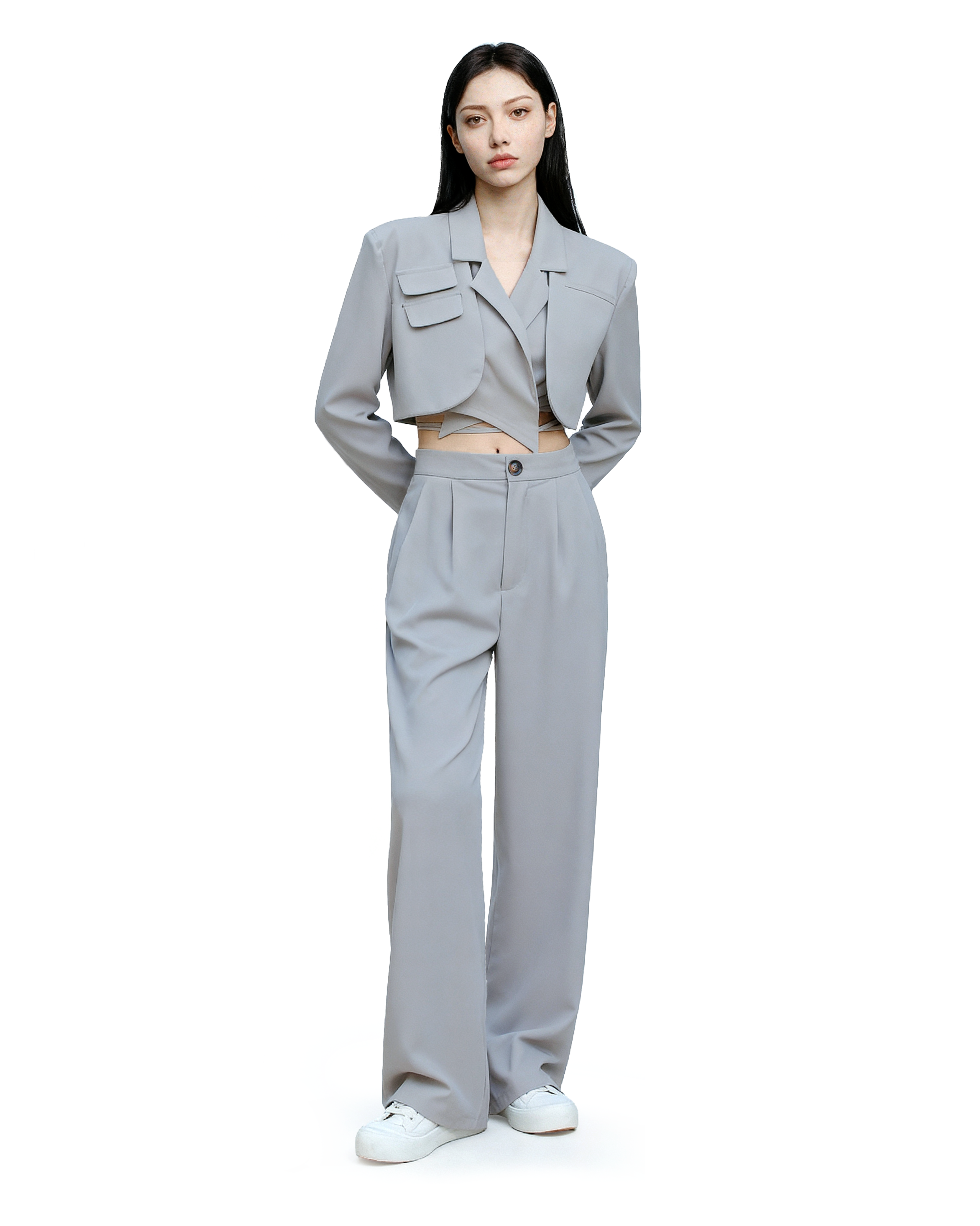 Slim Cropped Blazer with Rounded Hem Two-Piece Suit Set-11