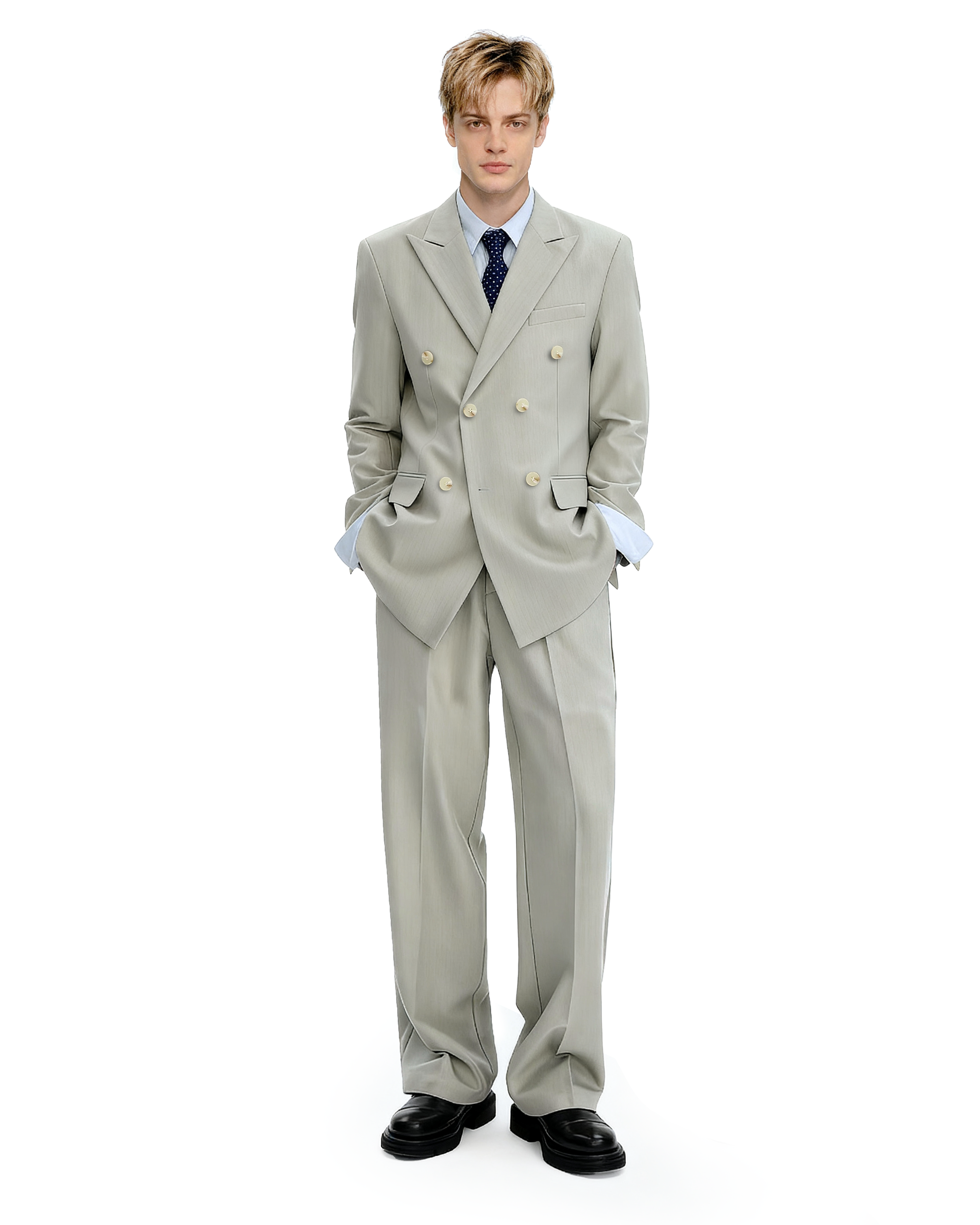 Double-Breasted Oversized Textured Blazer with Peak Lapel-4