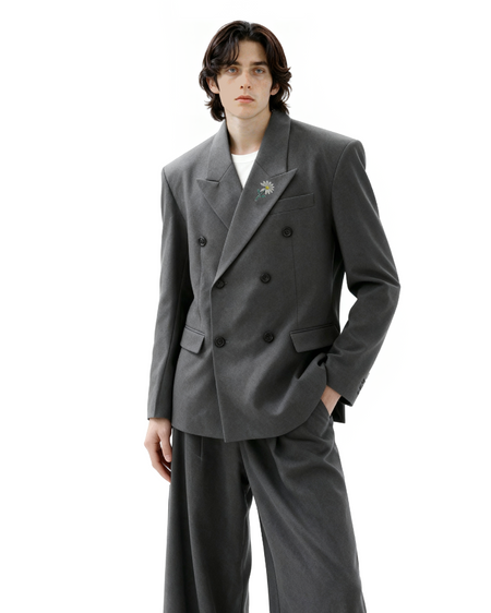 Oversized Double-Breasted Brooch Blazer and Wide-Leg Trousers Set - nightcity clothing
