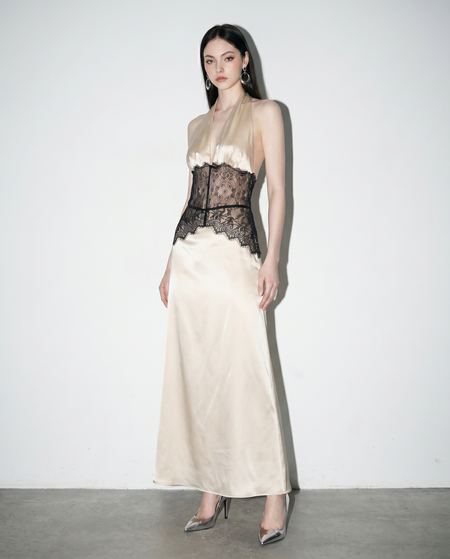 Halter Backless Satin Maxi Dress with Lace Panel