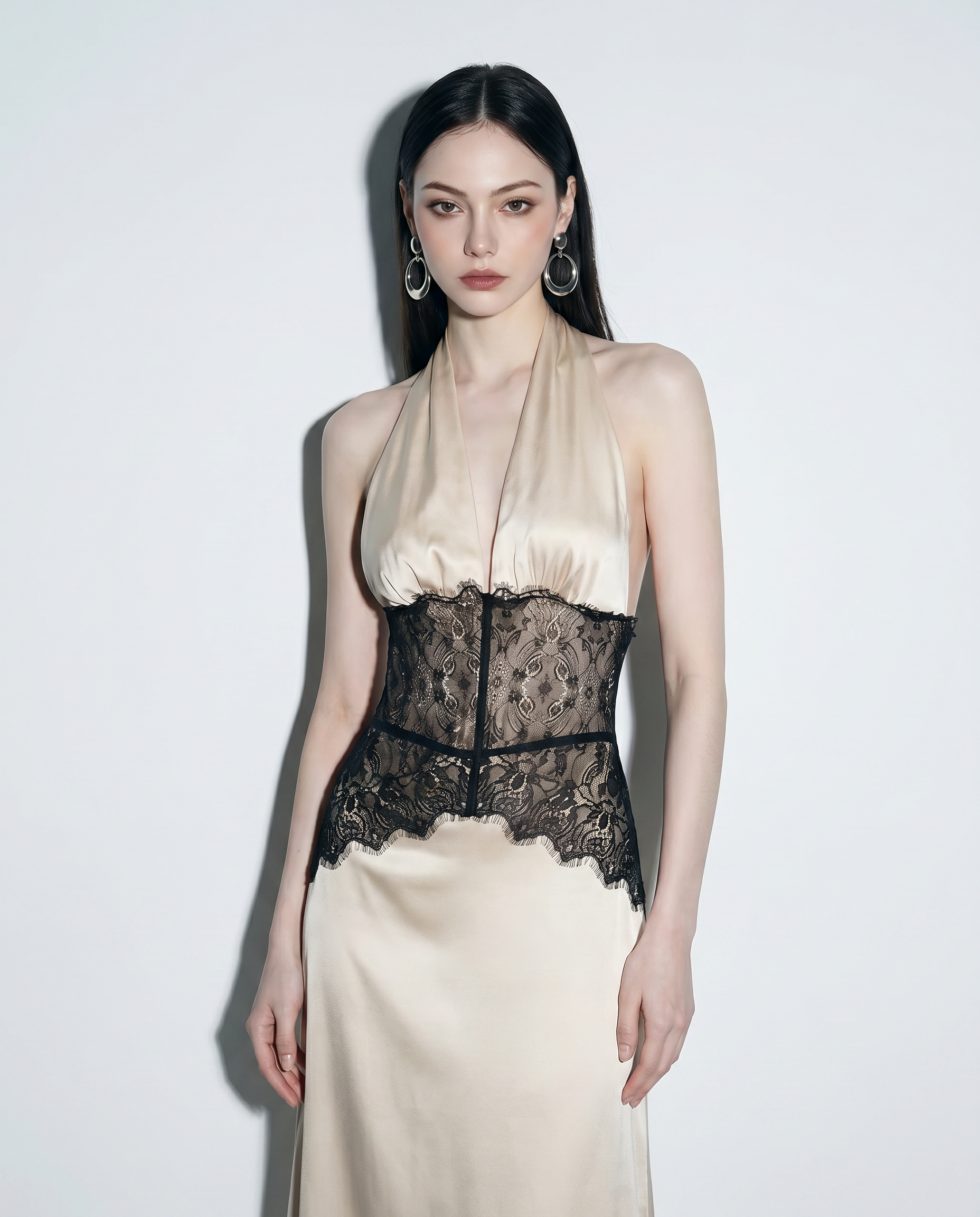 Halter Backless Satin Maxi Dress with Lace Panel-3