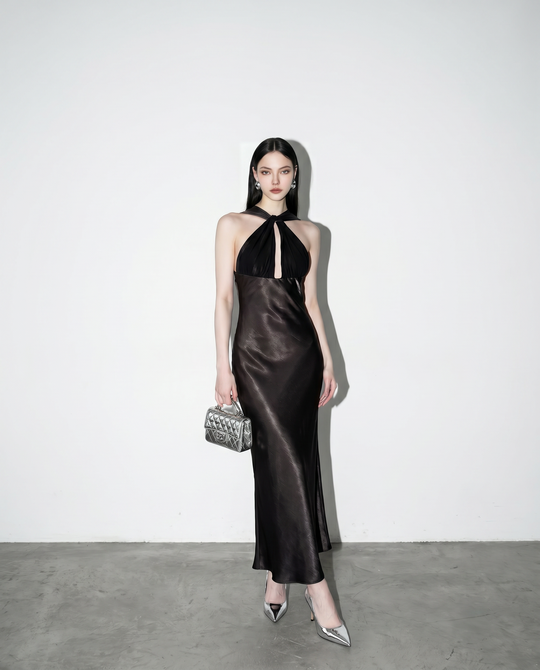 Halter Neck Cutout Satin Maxi Dress-14