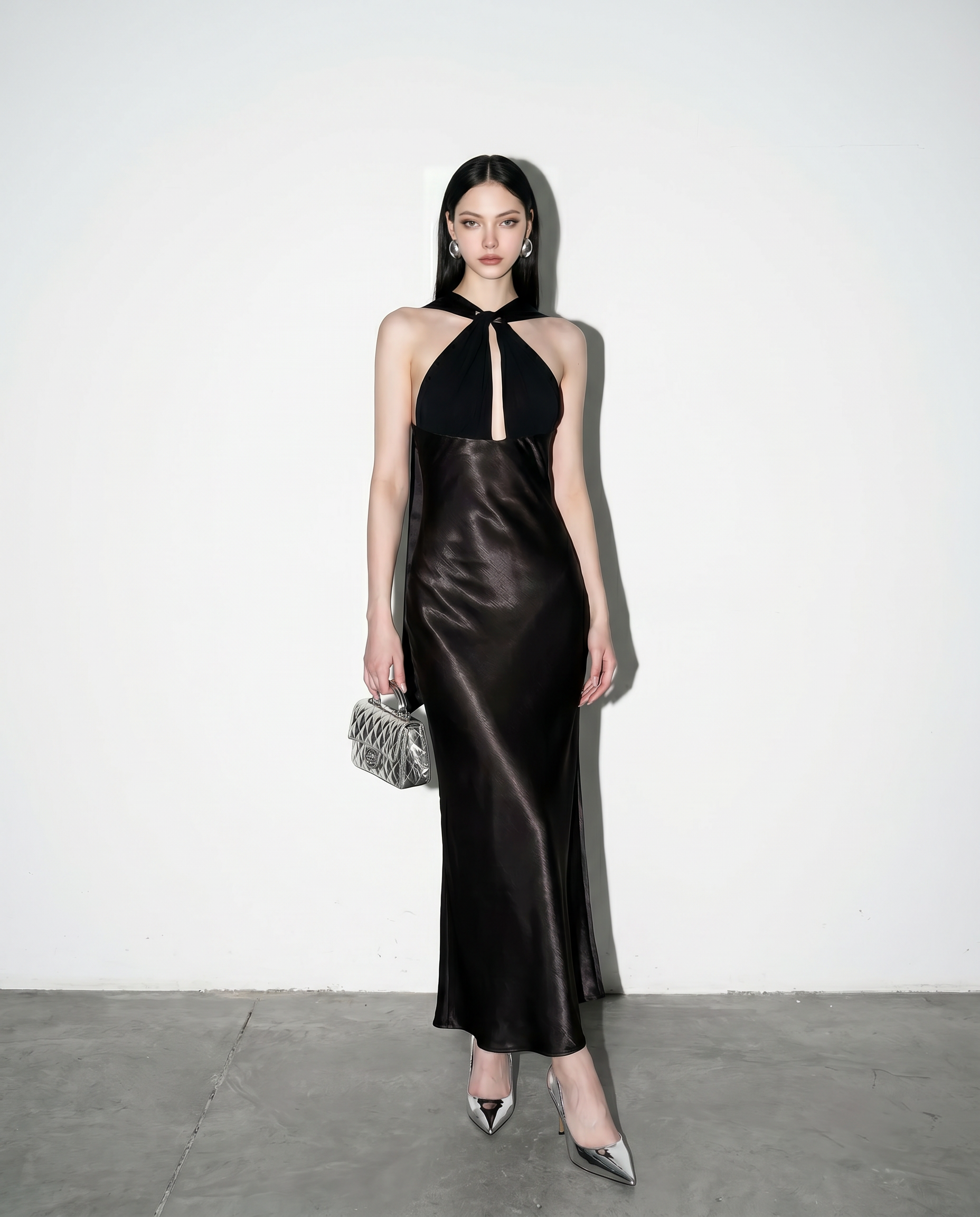 Halter Neck Cutout Satin Maxi Dress-13