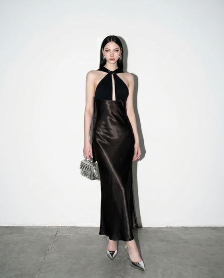 Halter Neck Cutout Satin Maxi Dress