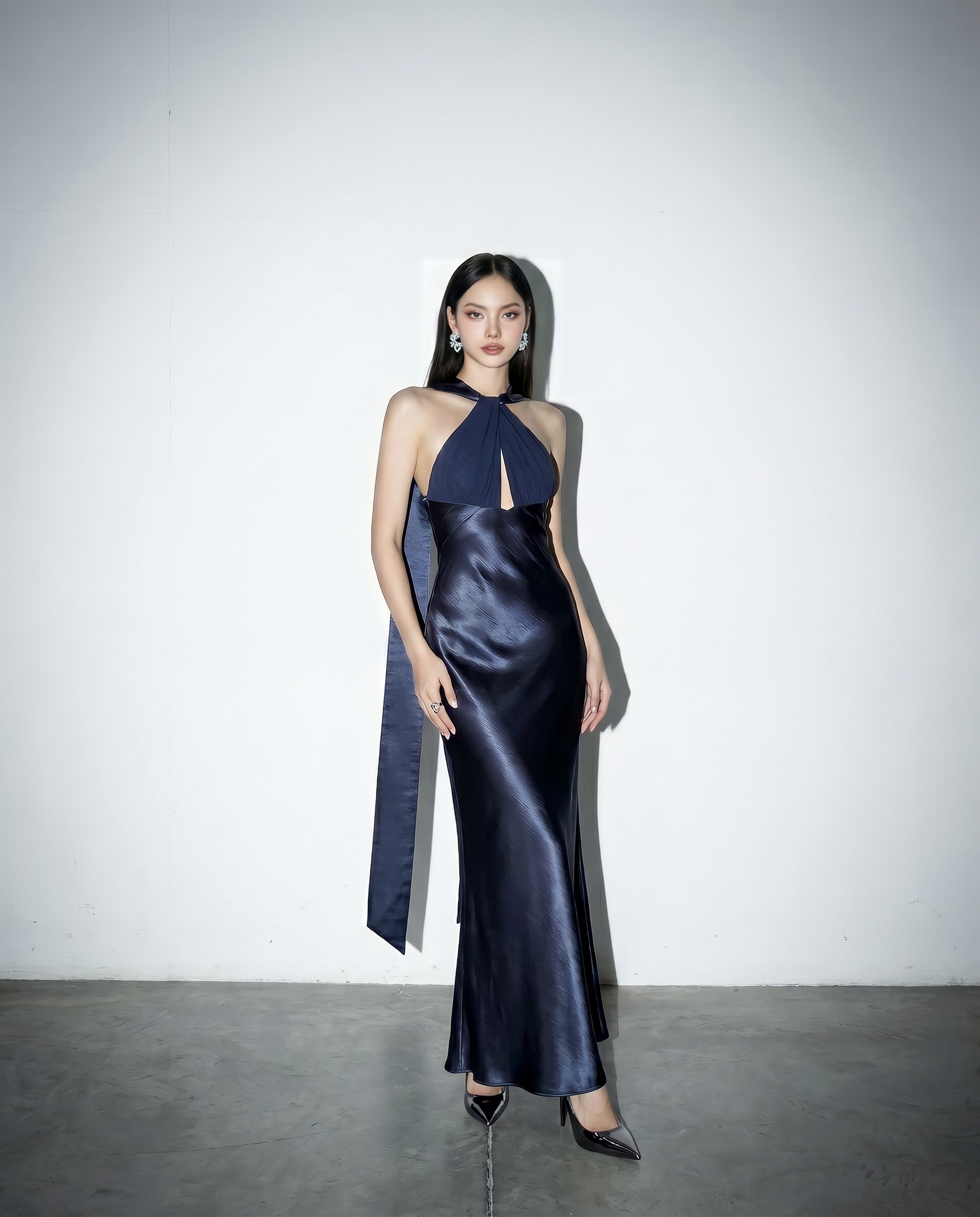 Halter Neck Cutout Satin Maxi Dress-2