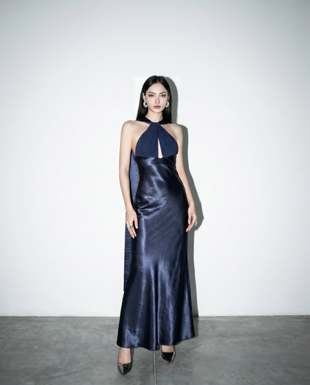 Halter Neck Cutout Satin Maxi Dress