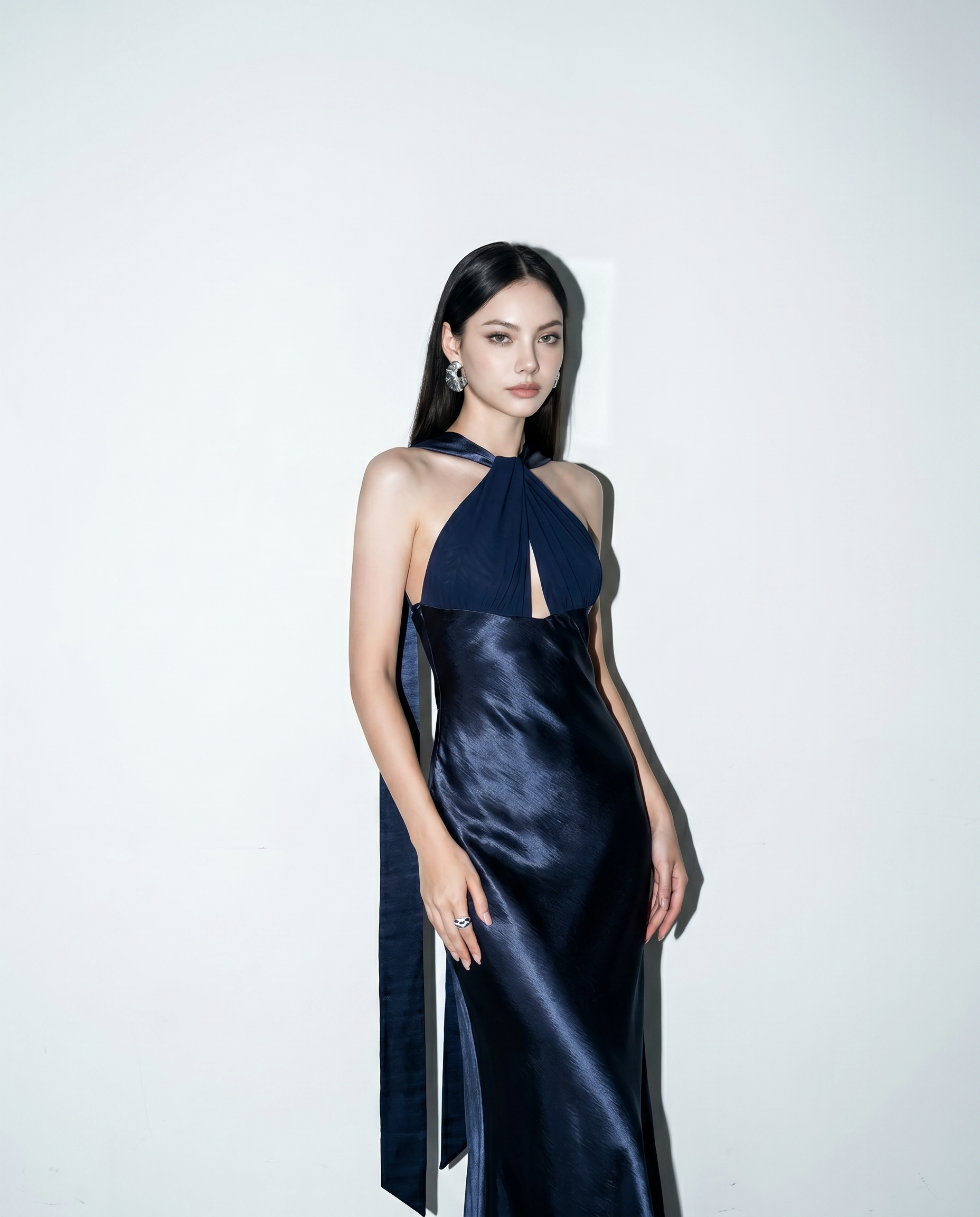 Halter Neck Cutout Satin Maxi Dress-4