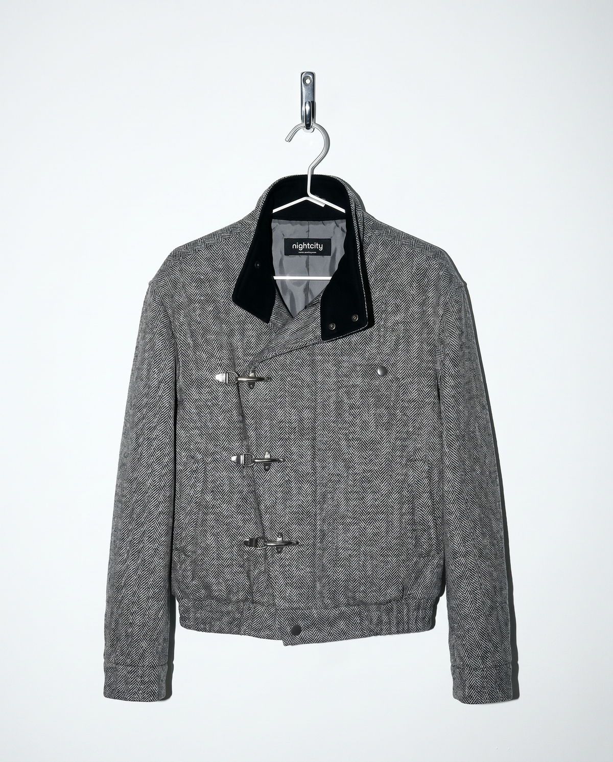 Herringbone Asymmetric Fireman Clasp Jacket with Contrast Collar-8