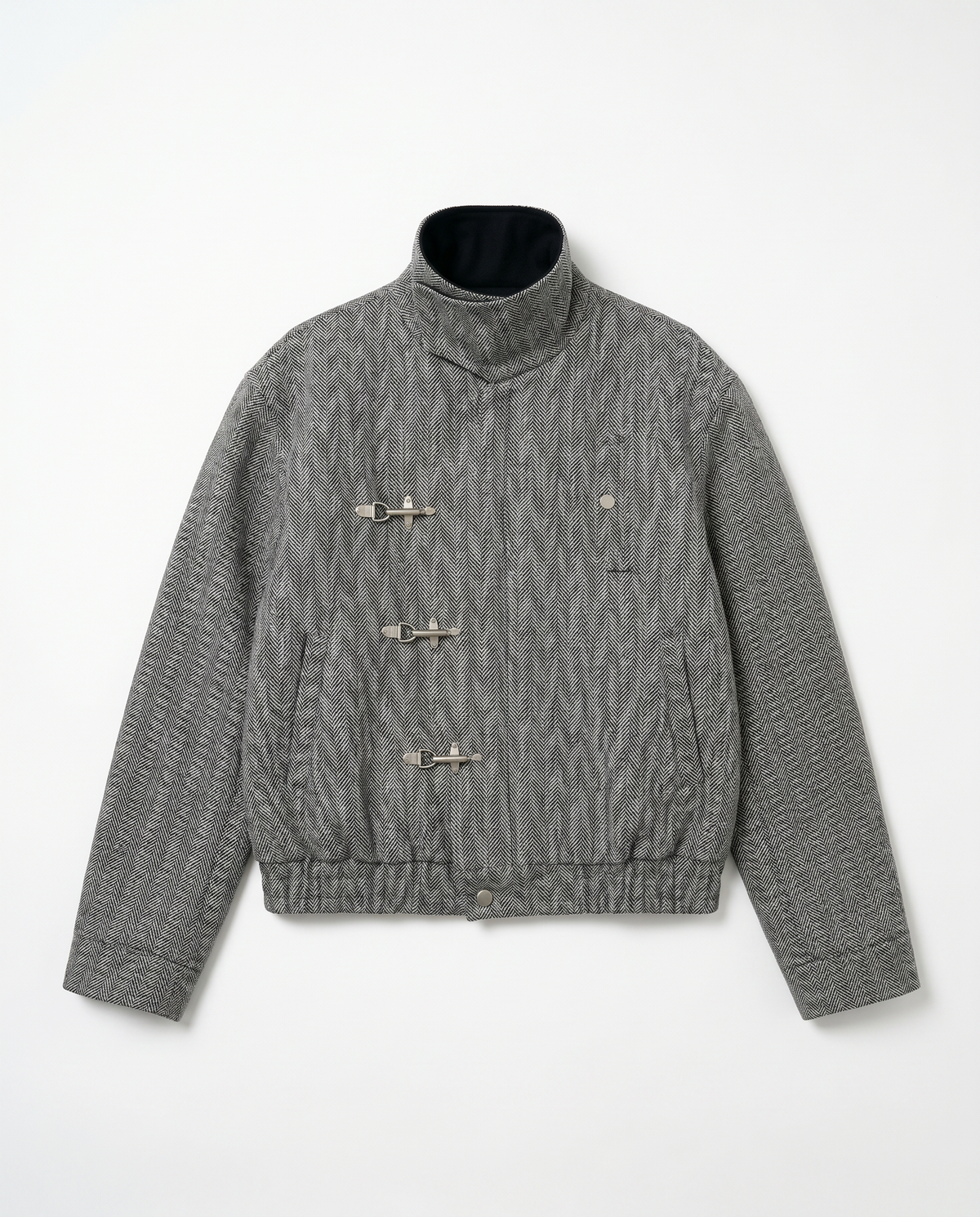 Herringbone Asymmetric Fireman Clasp Jacket with Contrast Collar-7