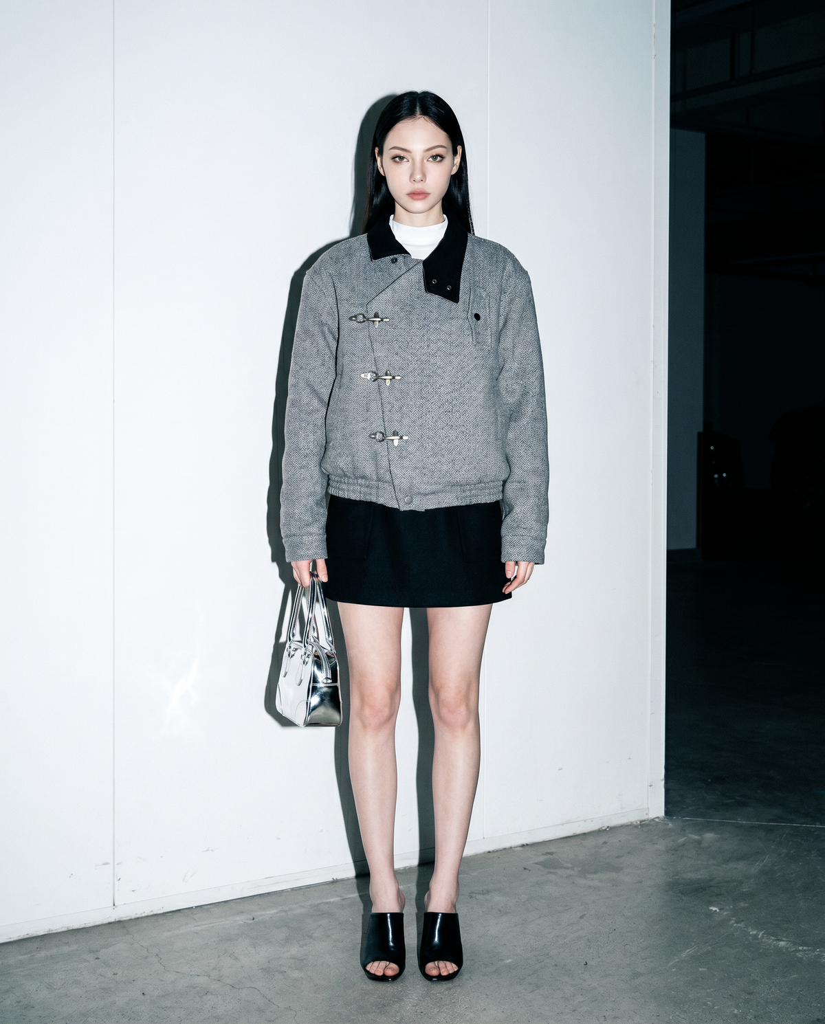 Herringbone Asymmetric Fireman Clasp Jacket with Contrast Collar-5
