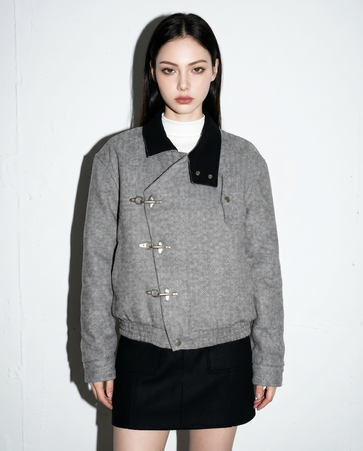 Herringbone Asymmetric Fireman Clasp Jacket with Contrast Collar-2