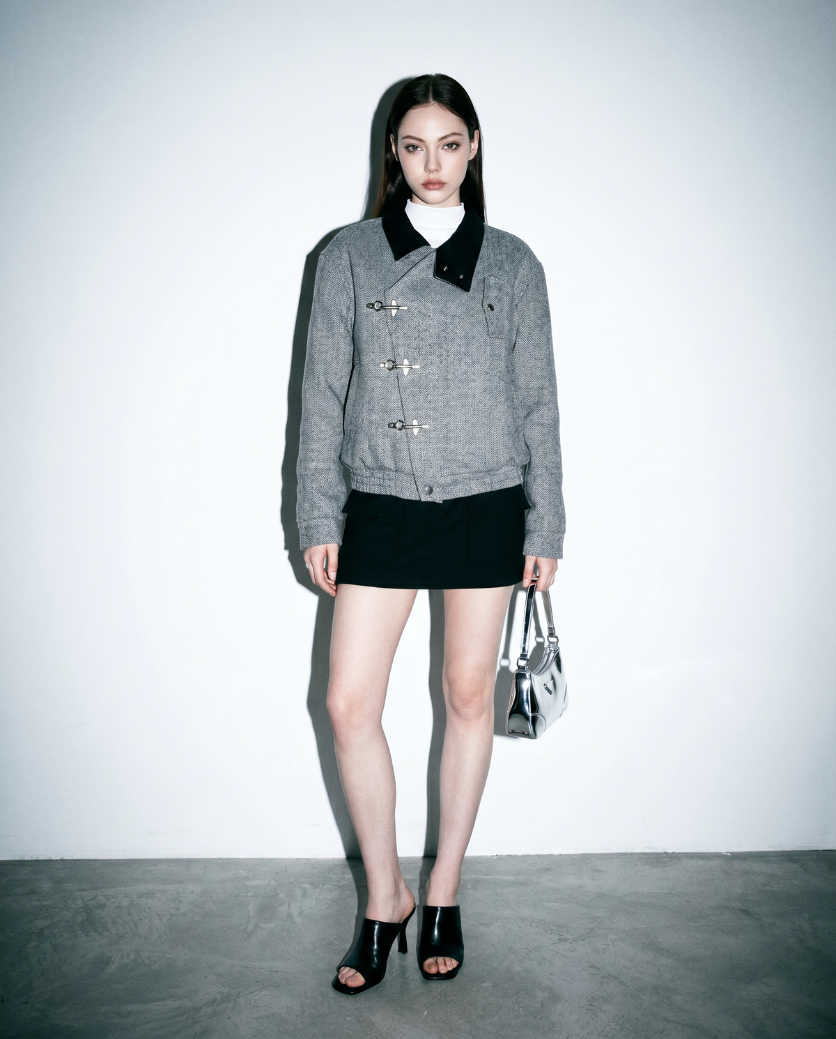 Herringbone Asymmetric Fireman Clasp Jacket with Contrast Collar-6