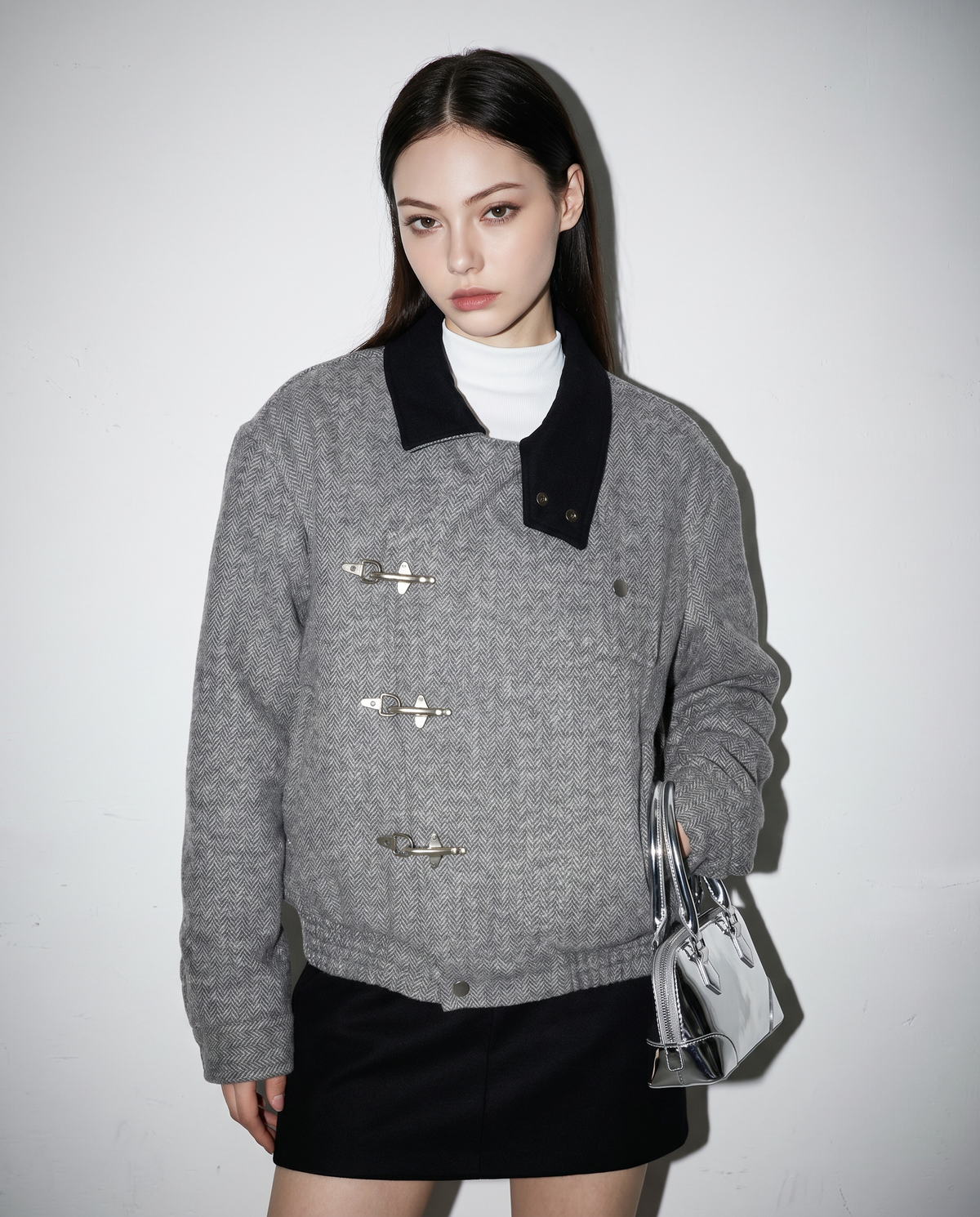 Herringbone Asymmetric Fireman Clasp Jacket with Contrast Collar-3