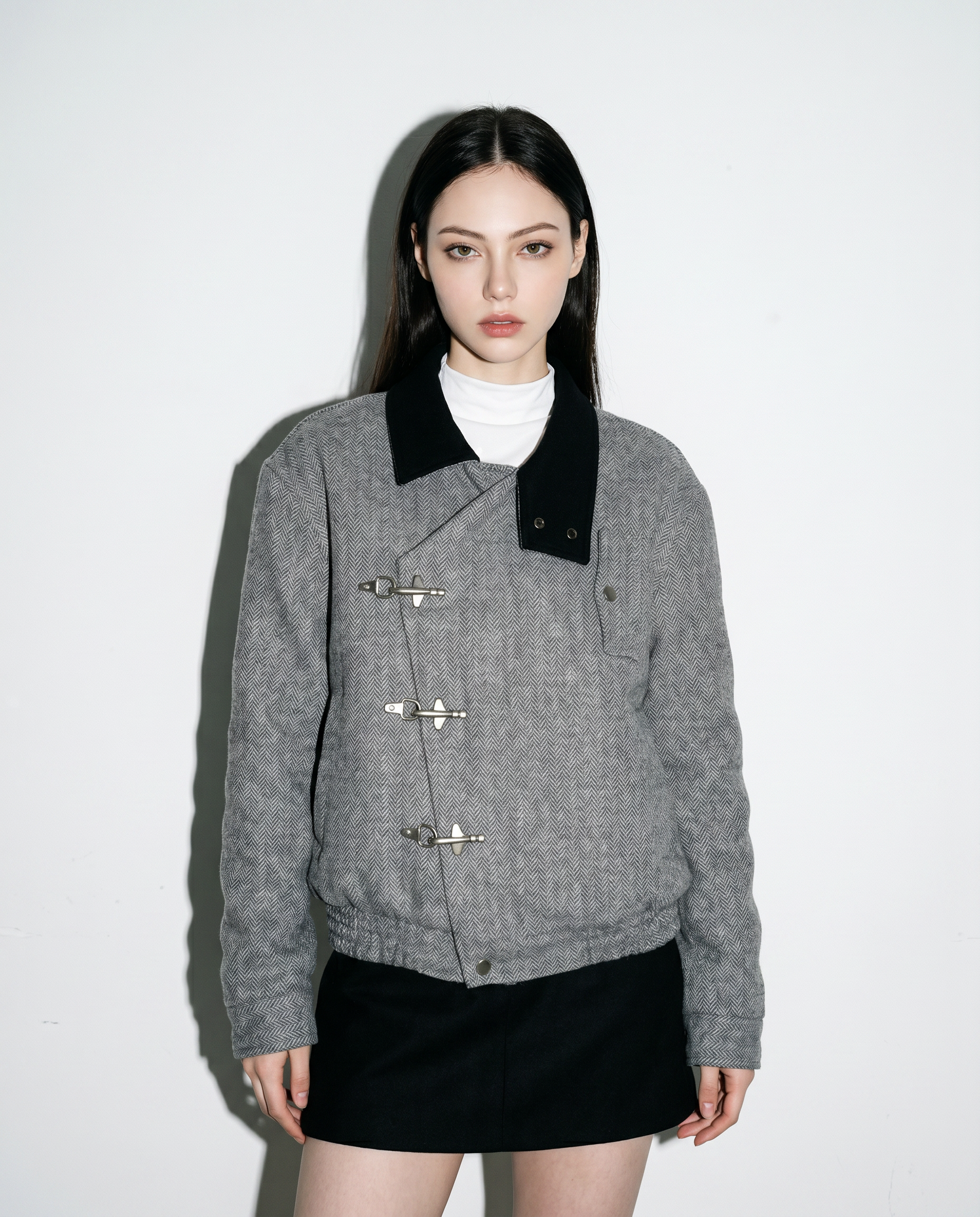 Herringbone Asymmetric Fireman Clasp Jacket with Contrast Collar
