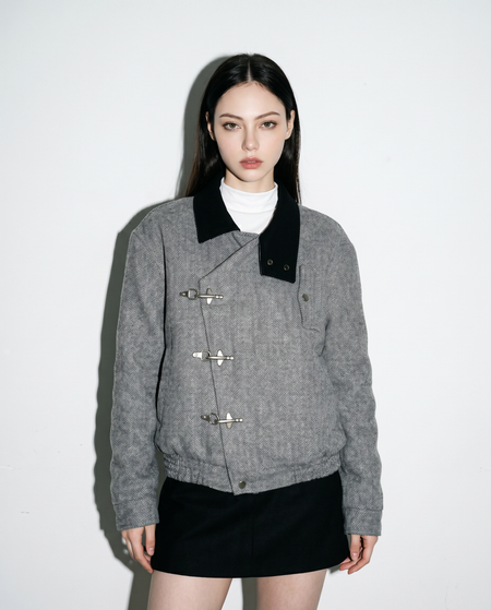 Herringbone Asymmetric Fireman Clasp Jacket with Contrast Collar